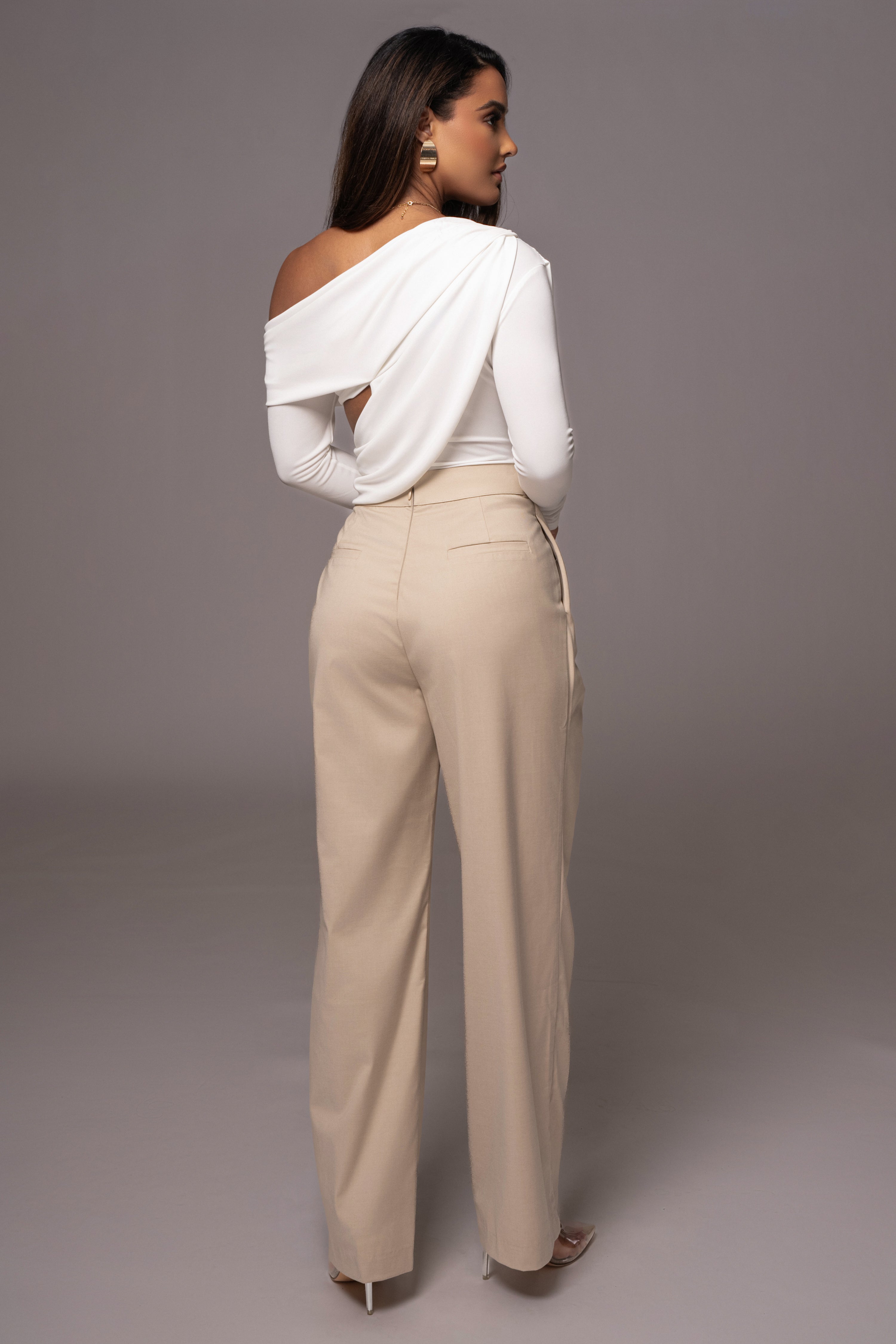 Beige Asymmetrical Draped Trousers - JLUXLABEL