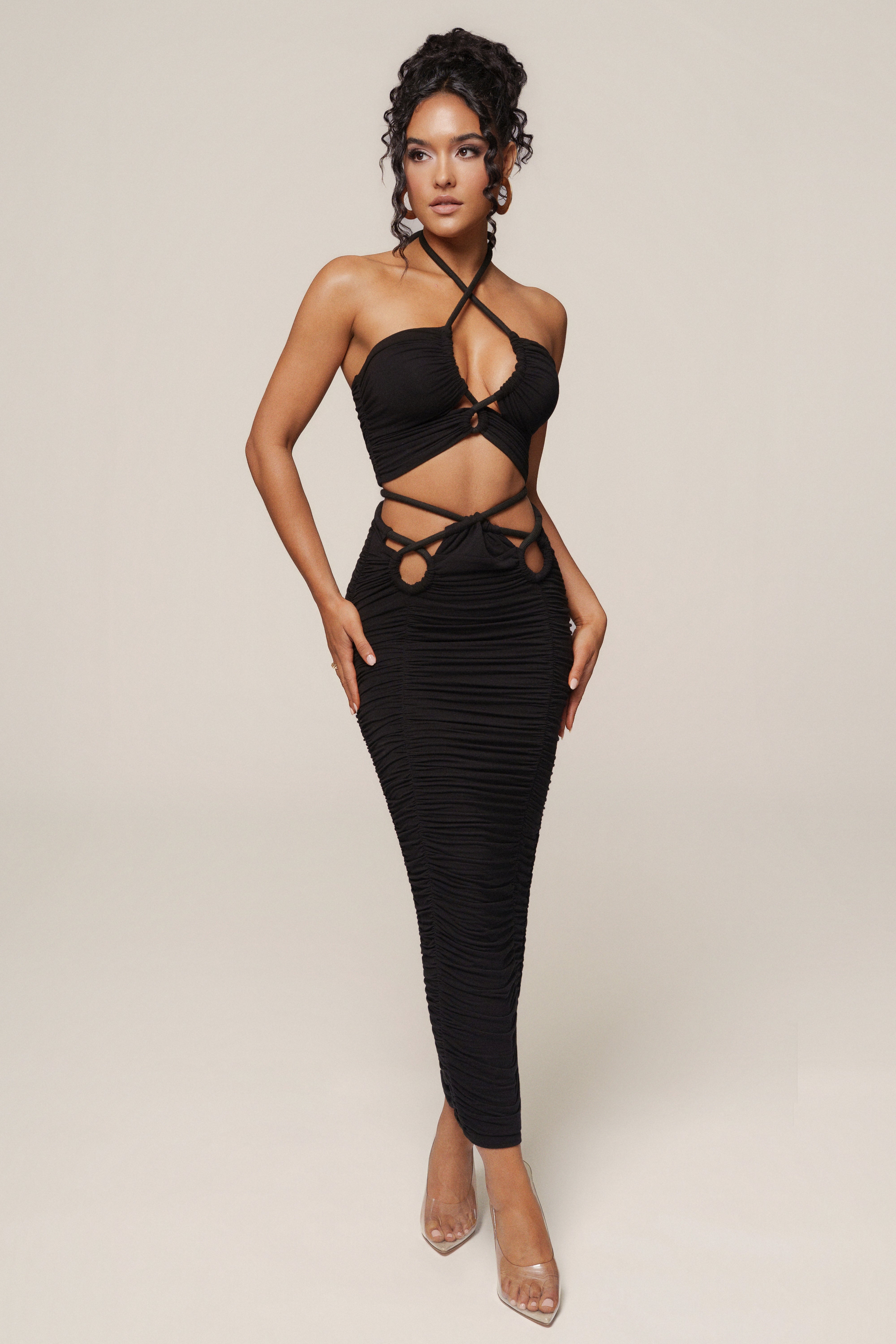 Black Go The Distance skirt set from JLUXLABEL featuring a matching top and skirt with a sleek, stylish look.