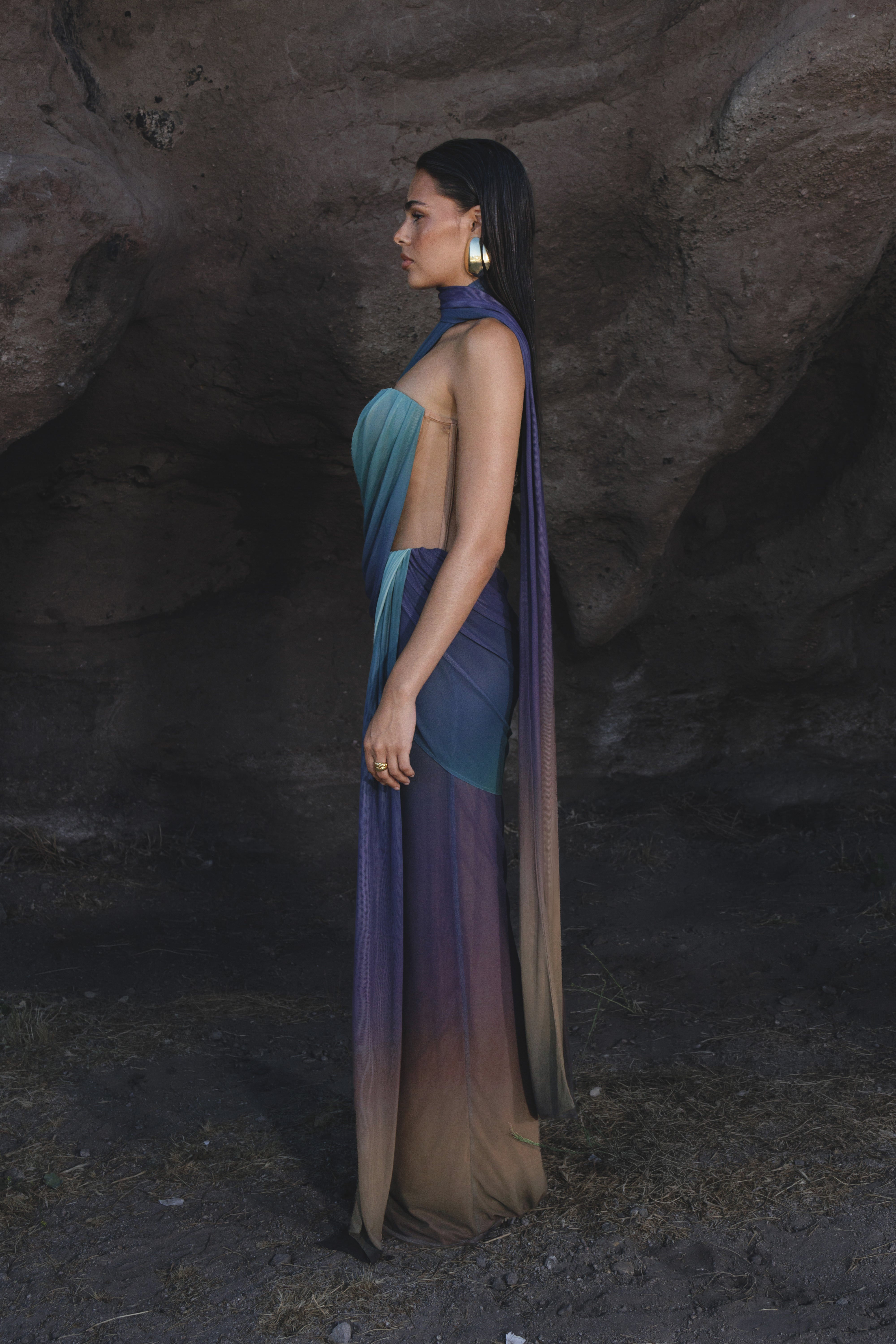 Lunar Shadow Empress of Hearts mesh gown by JLUXLABEL, elegant dress with intricate design, perfect for formal occasions.