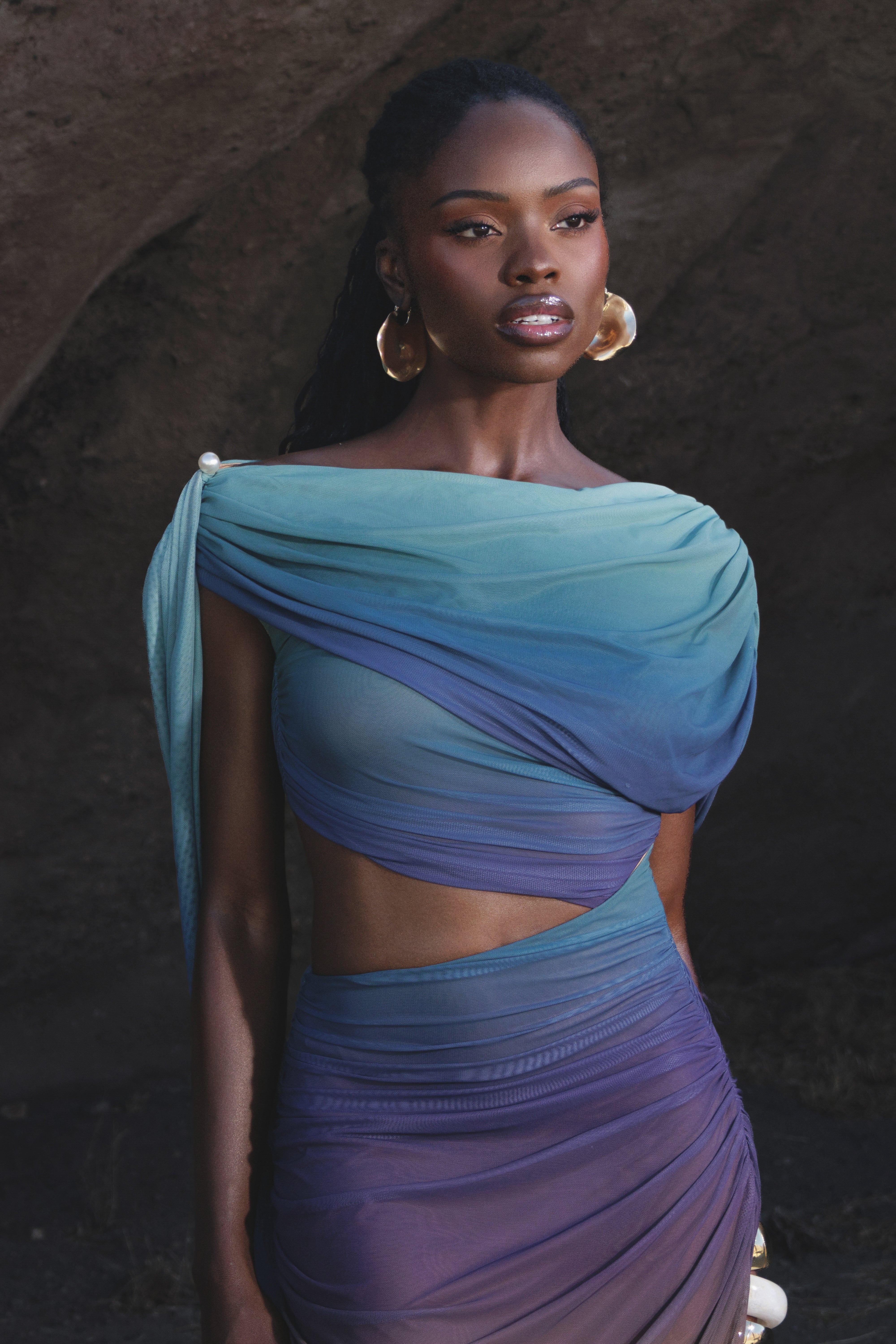 Lunar Shadow Aris cutout midi dress by JLUXLABEL featuring a sleek design and stylish cutouts, perfect for trendy resort wear.