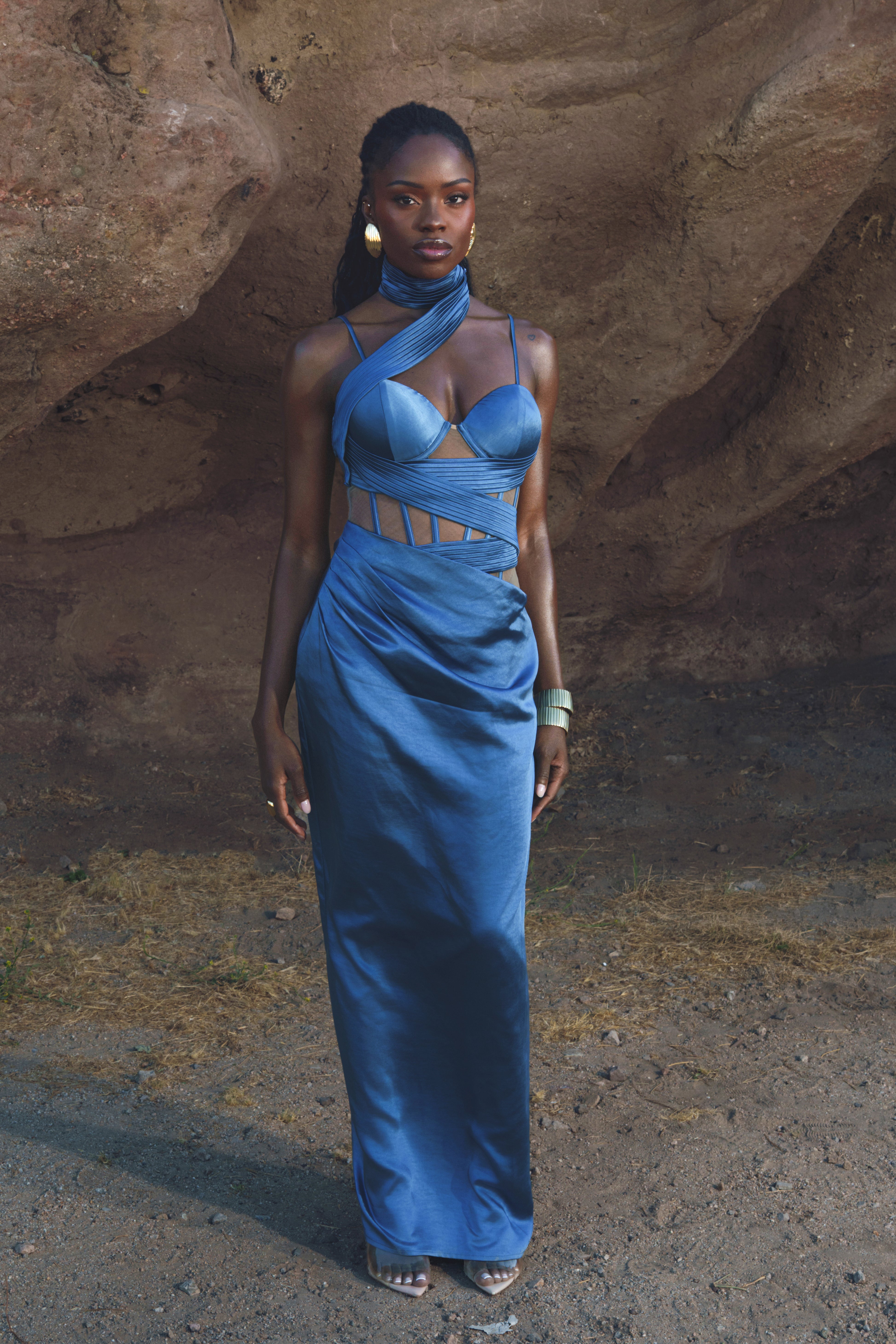 Blue Golden Hour corset maxi dress from JLUXLABEL featuring a fitted bodice and flowing skirt, perfect for elegant resort wear.
