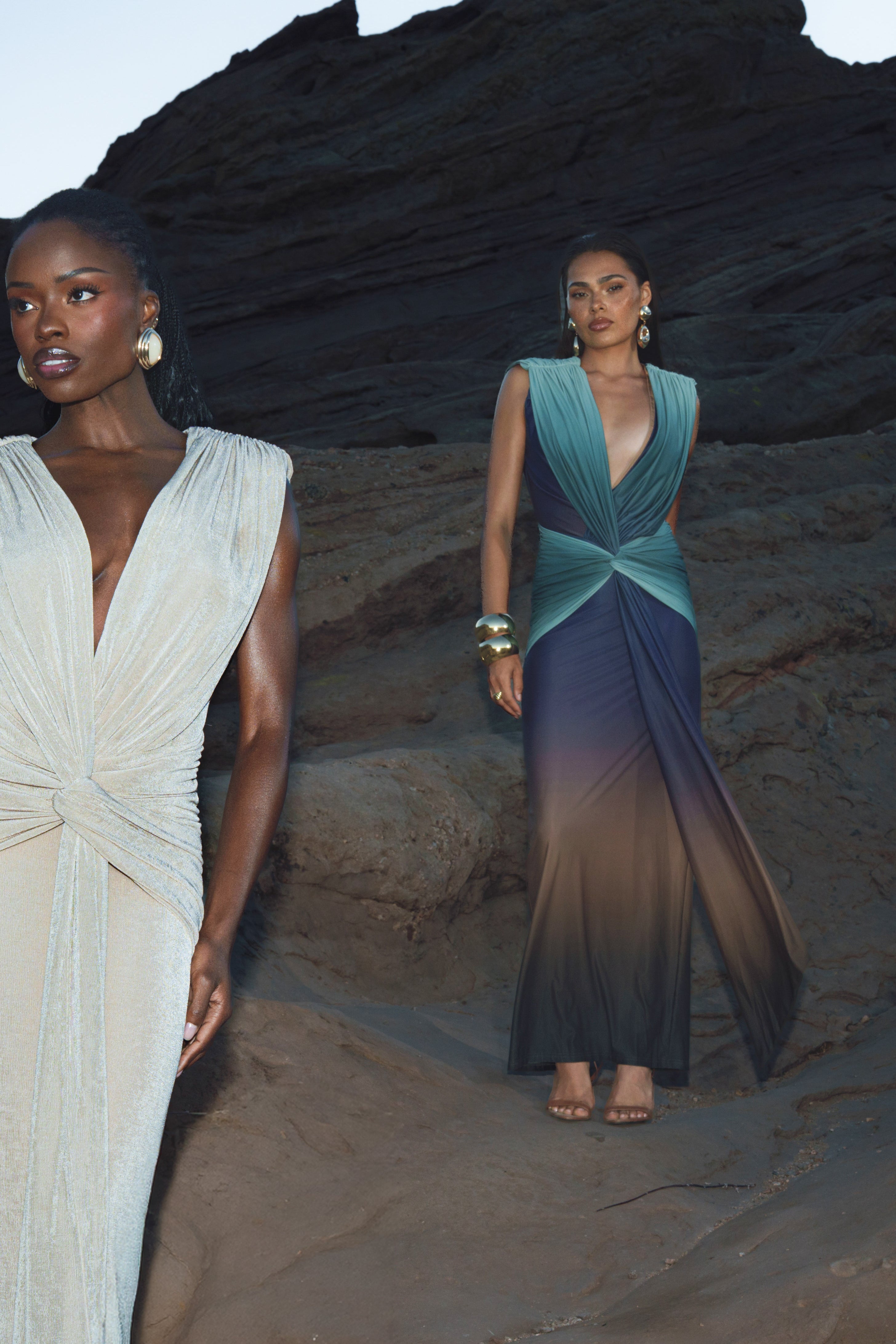 Lunar Shadow Palma Plunge Maxi Dress by JLUXLABEL featuring a flowy silhouette and deep neckline, ideal for resort or summer wear.