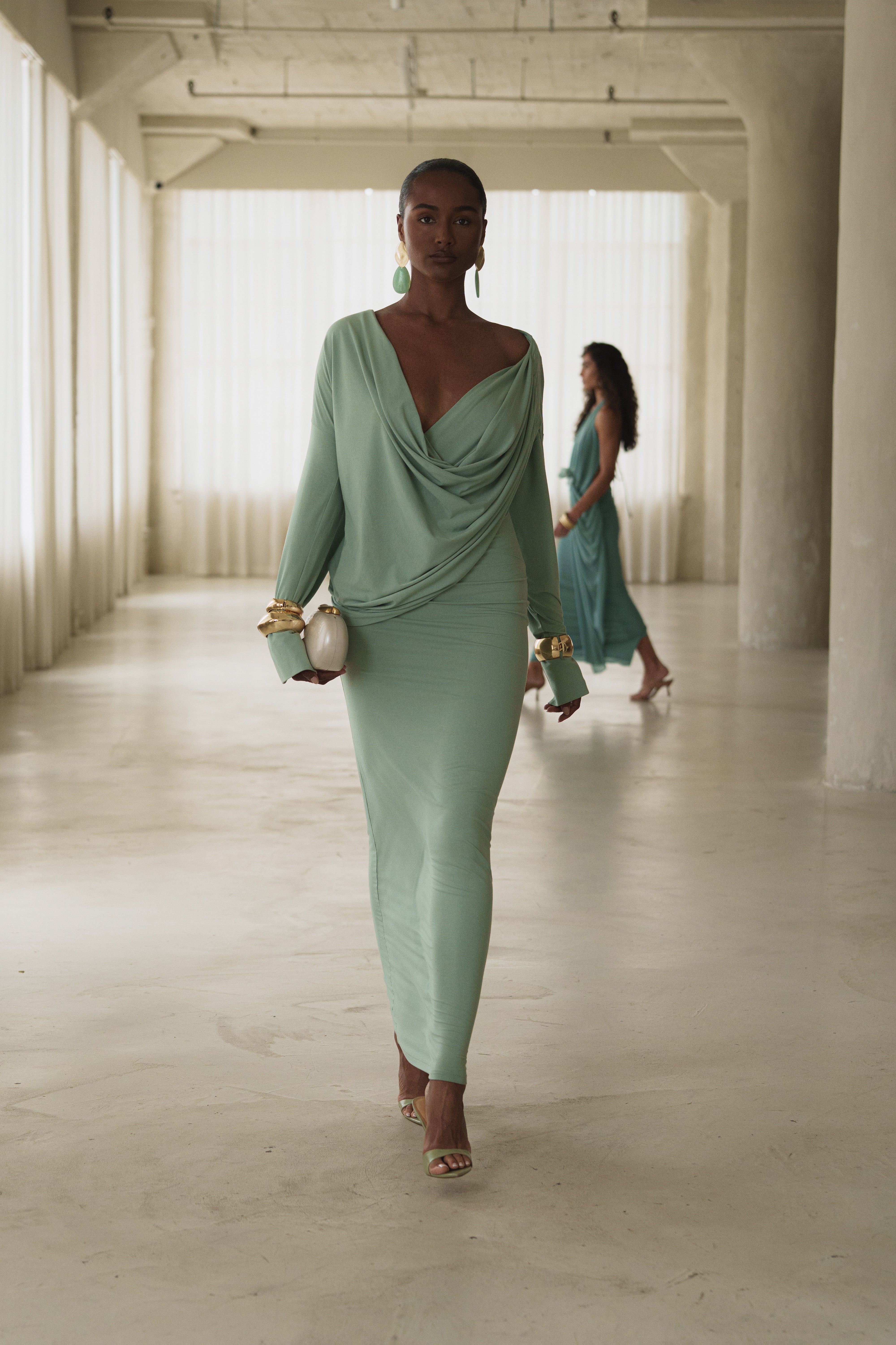 Mint Poise Draped Maxi Dress - JLUXLABEL