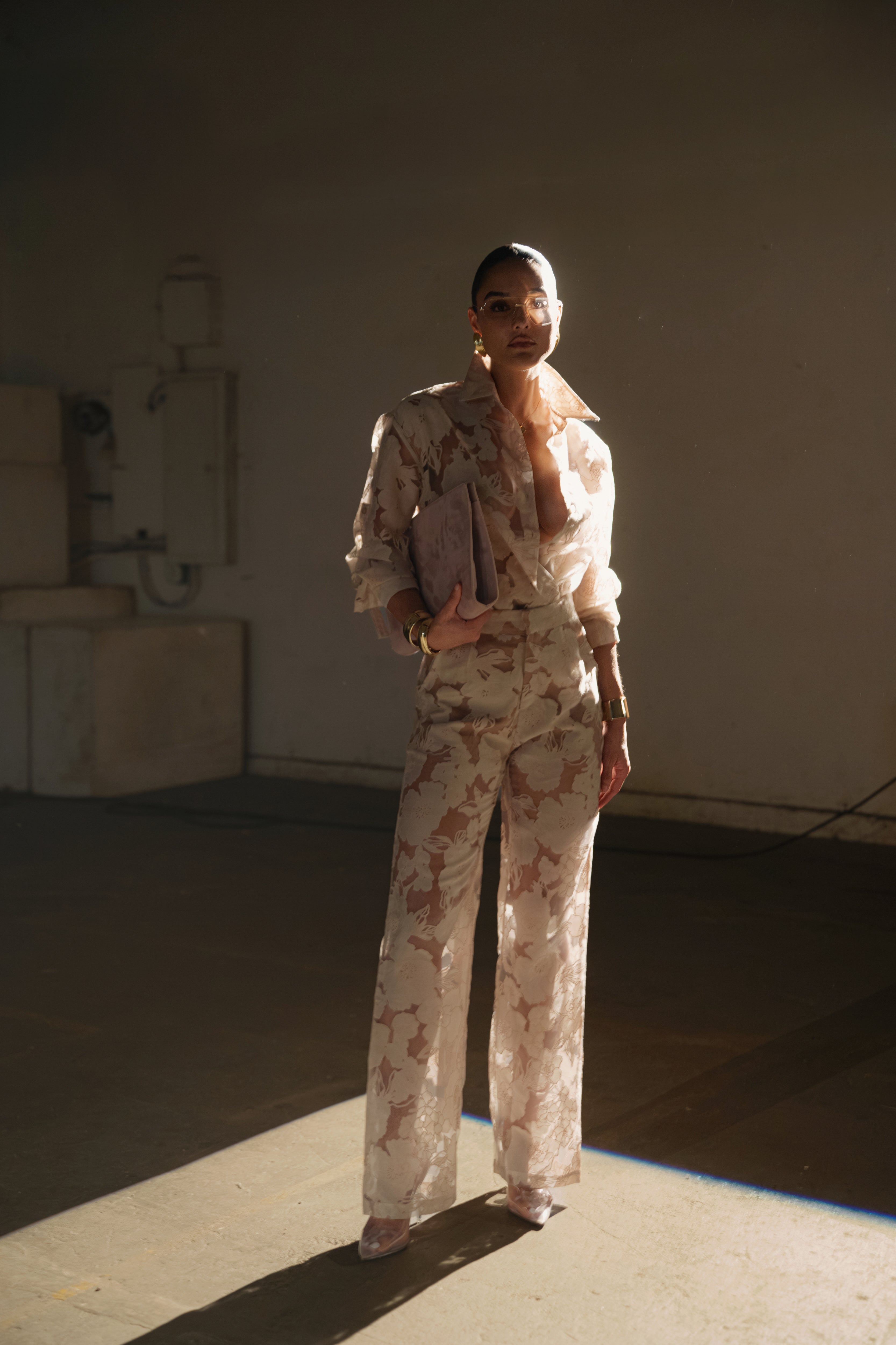 Beige Organza Floral Pant