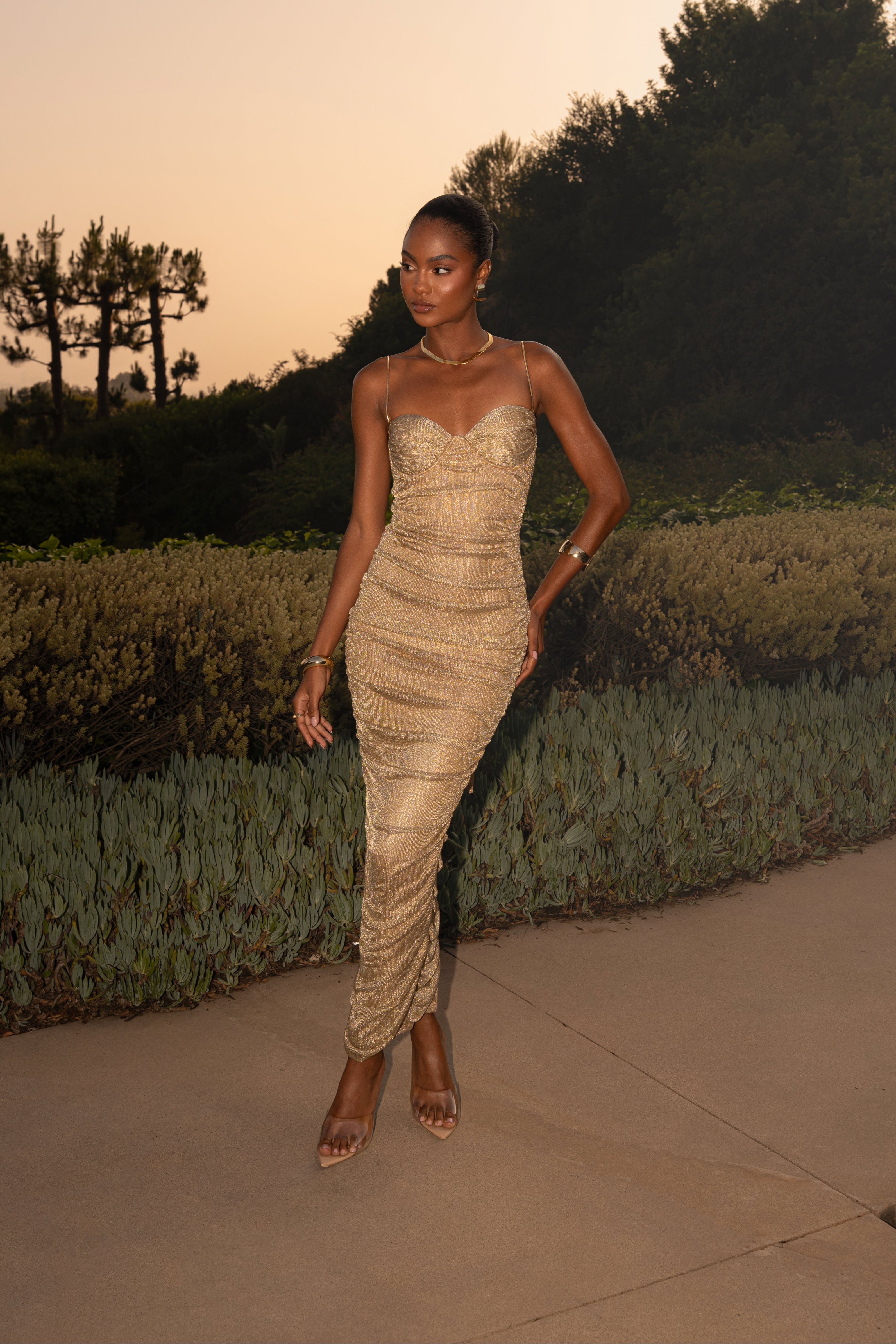 Gold Ruched Metallic Maxi Dress - JLUXLABEL