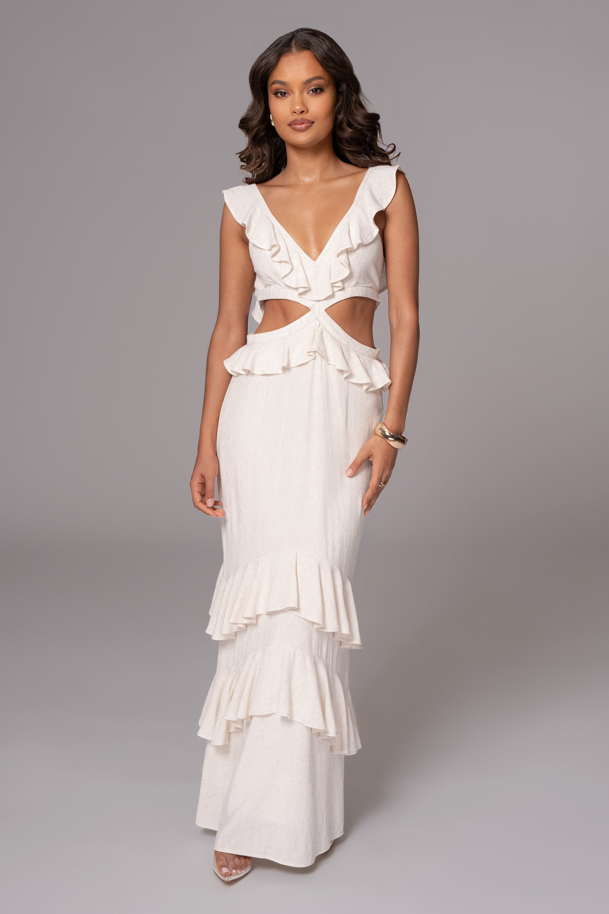 Natural Sunshine Ruffle Linen Dress | JLUXLABEL