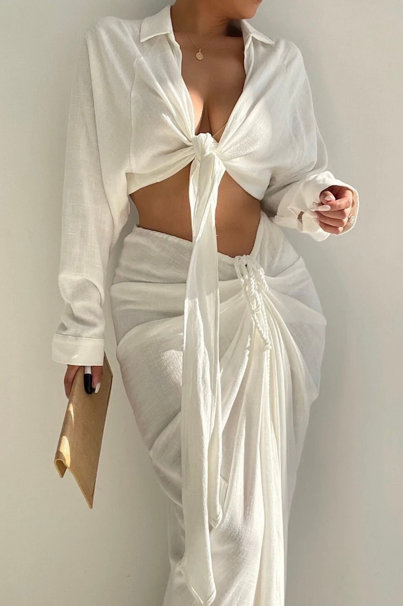 White Noelia Linen Slit Skirt - JLUXLABEL