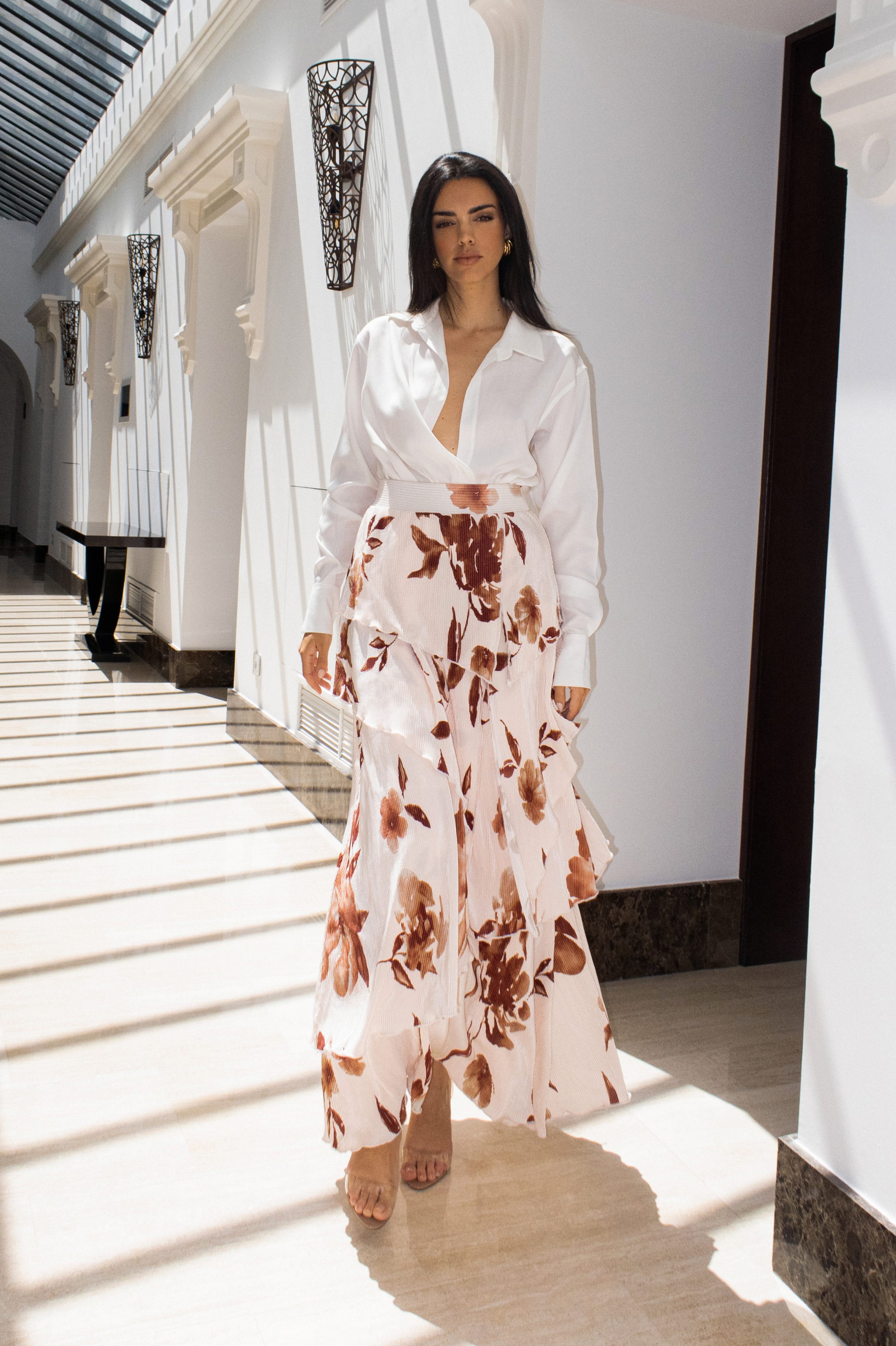 Cream Floral Kamira Tiered Skirt - JLUXLABEL