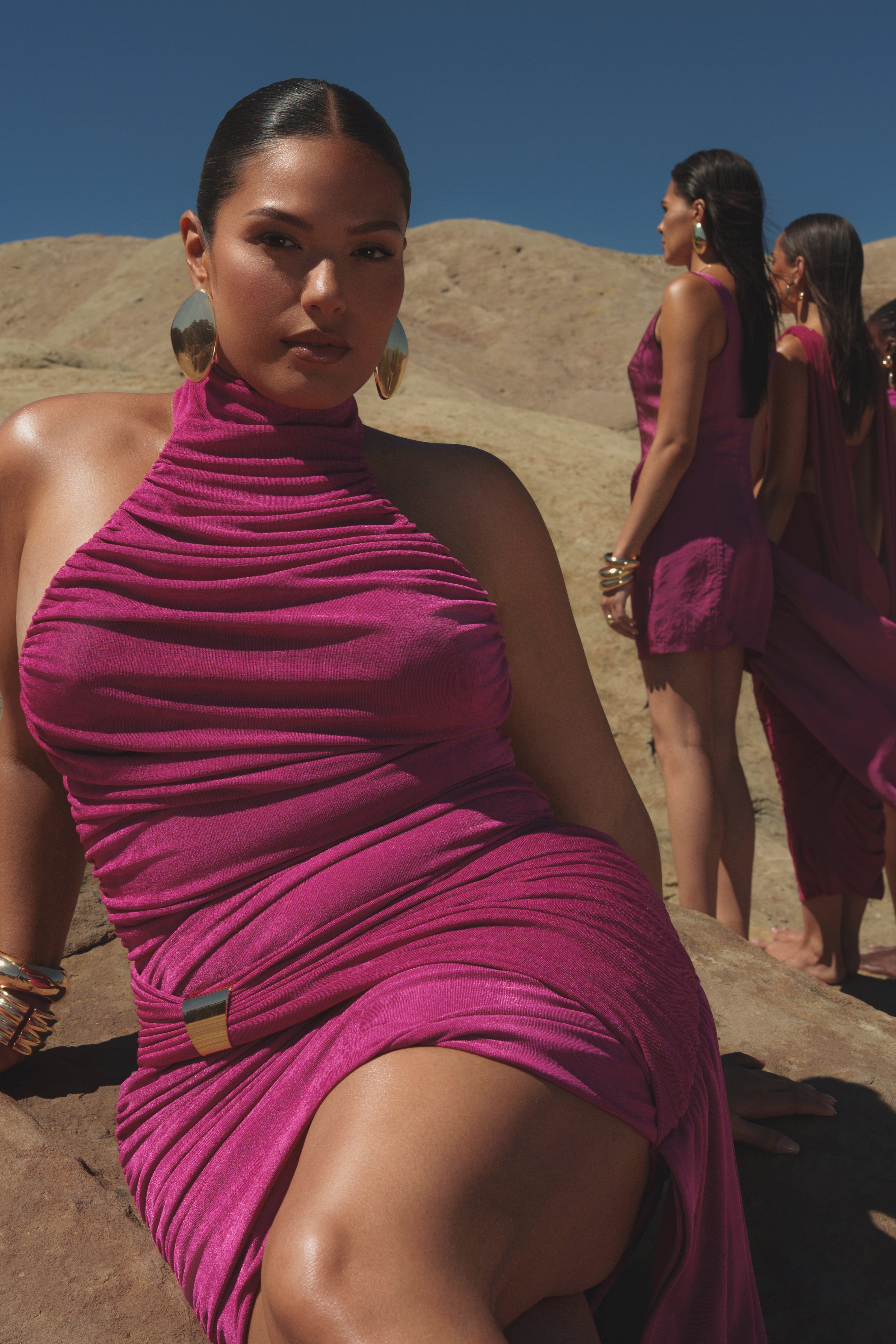 Fuchsia Anastasia halter mini dress by JLUXLABEL featuring a fitted silhouette and stylish halter neckline.