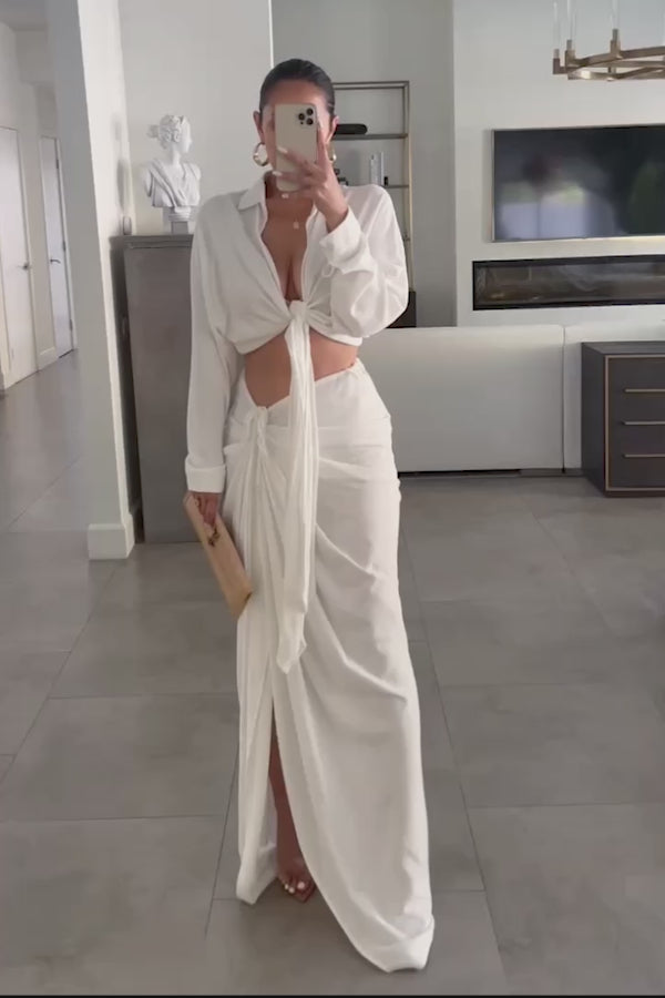 White Noelia Linen Slit Skirt