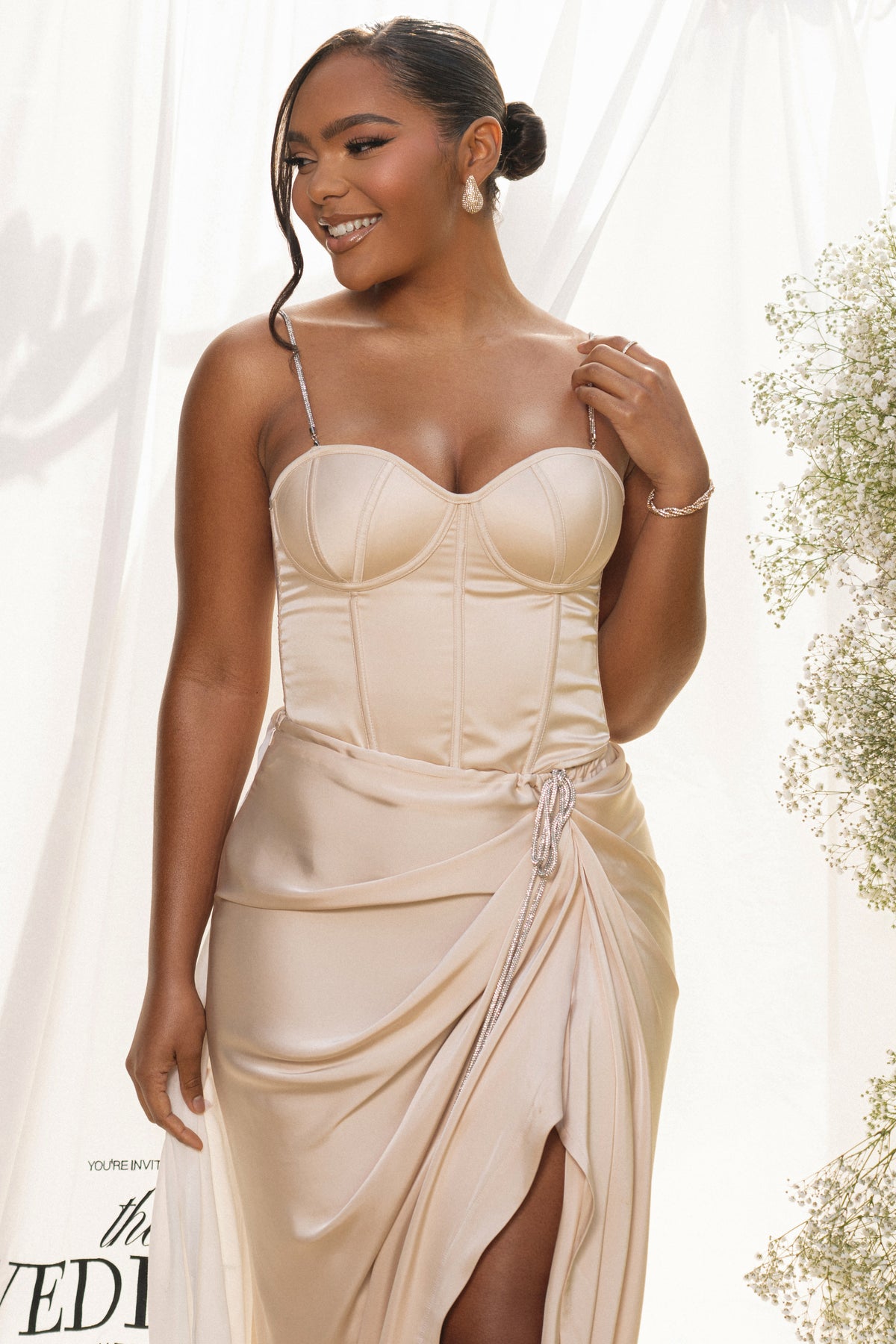 JLUXLABEL Champagne Leo matte satin bustier top, fitted with structured cups and satin finish, designed for a stylish, elegant look.