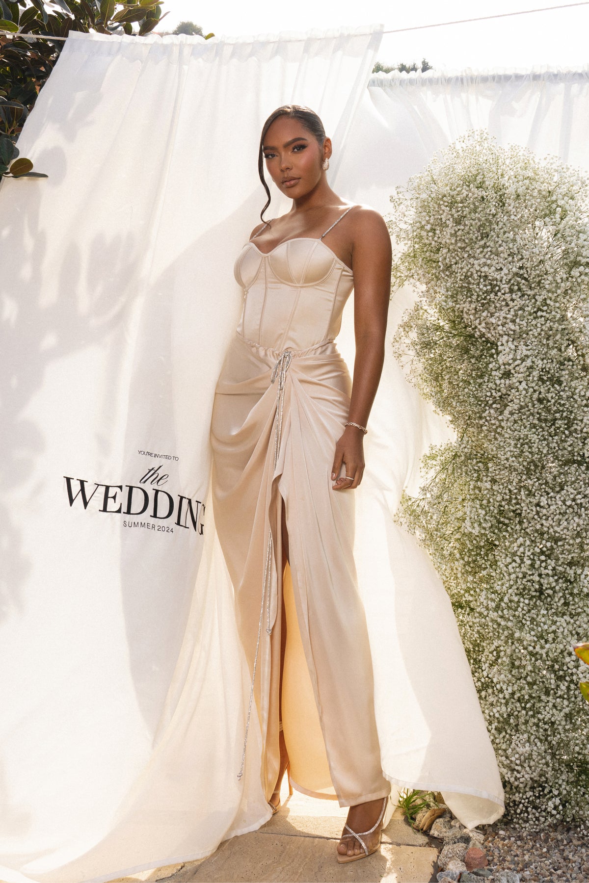 JLUXLABEL Champagne Leo matte satin bustier top with structured design and sweetheart neckline, showcasing elegant craftsmanship.