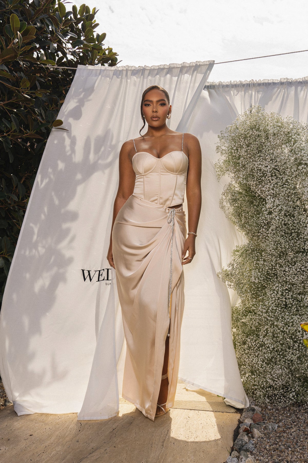 JLUXLABEL Champagne Leo matte satin bustier top featuring a fitted, elegant design with satin fabric and bustier detailing.