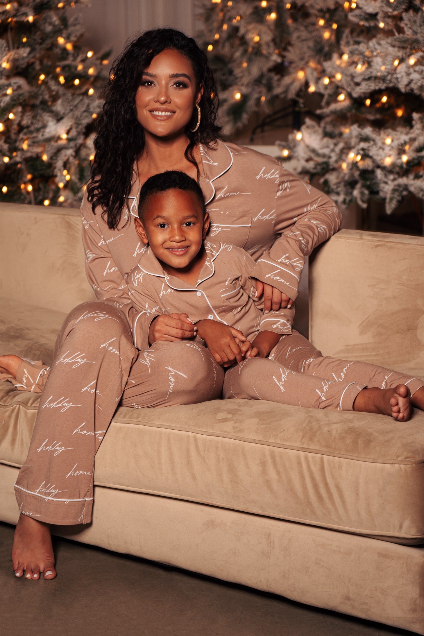 White/Tan Home For The Holiday Kids Pajama Set - JLUXLABEL