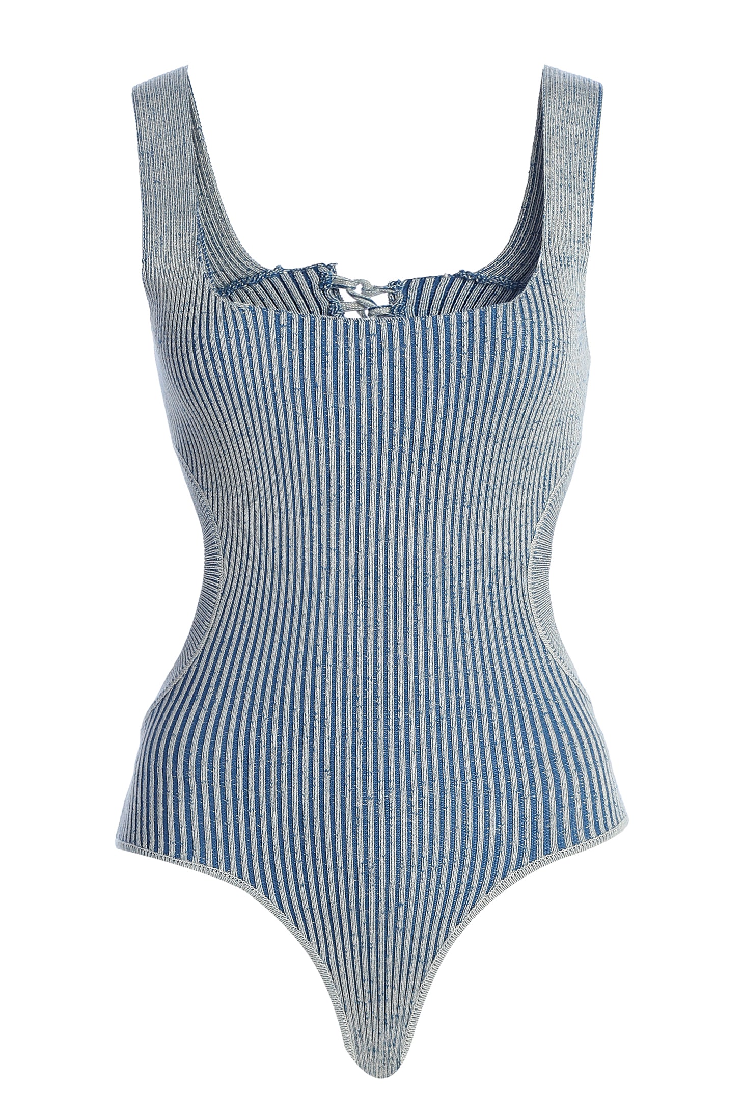 Denim/White Deana Ribbed Bodysuit - JLUXLABEL