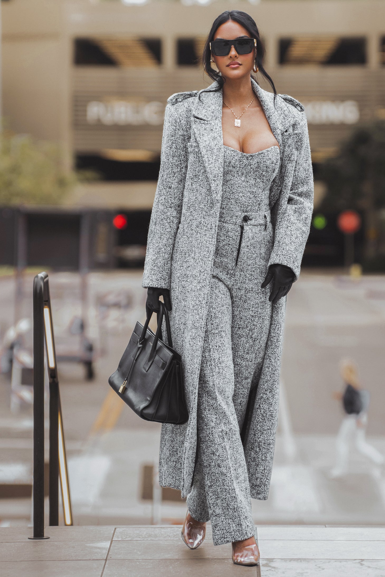 Lt. Grey Savannah Belted Tweed Coat - JLUXLABEL