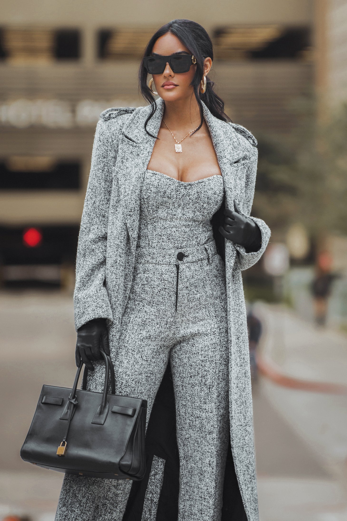 Lt. Grey Savannah Belted Tweed Coat - JLUXLABEL