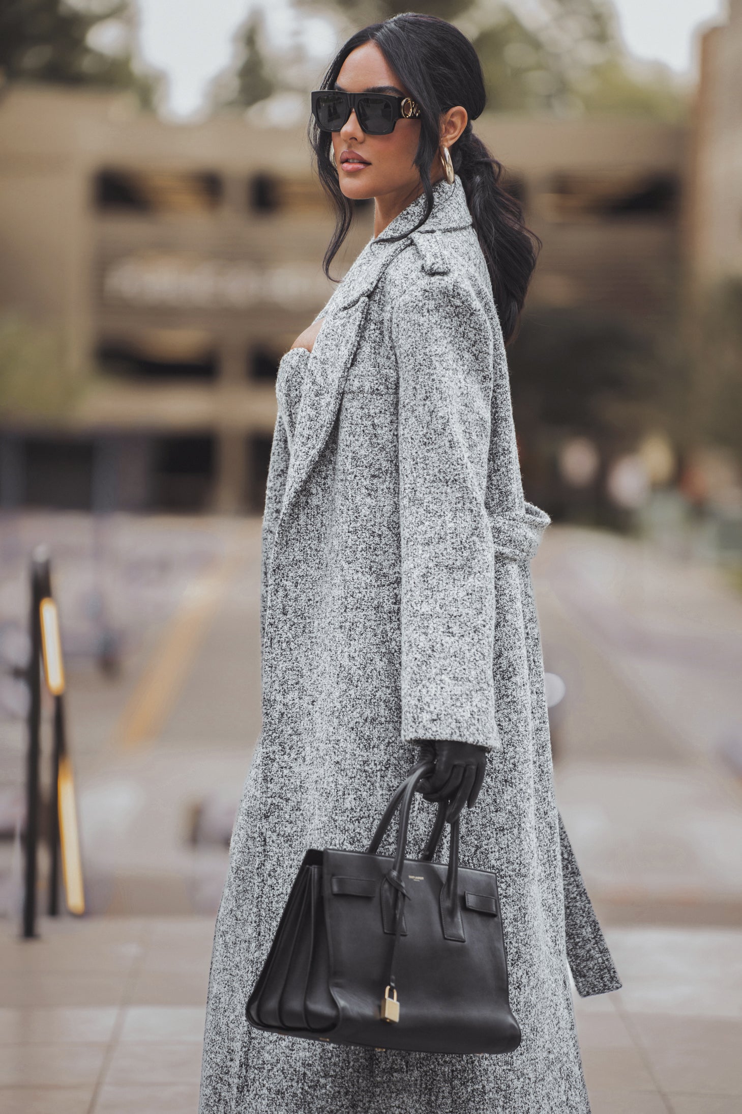 Lt. Grey Savannah Belted Tweed Coat - JLUXLABEL