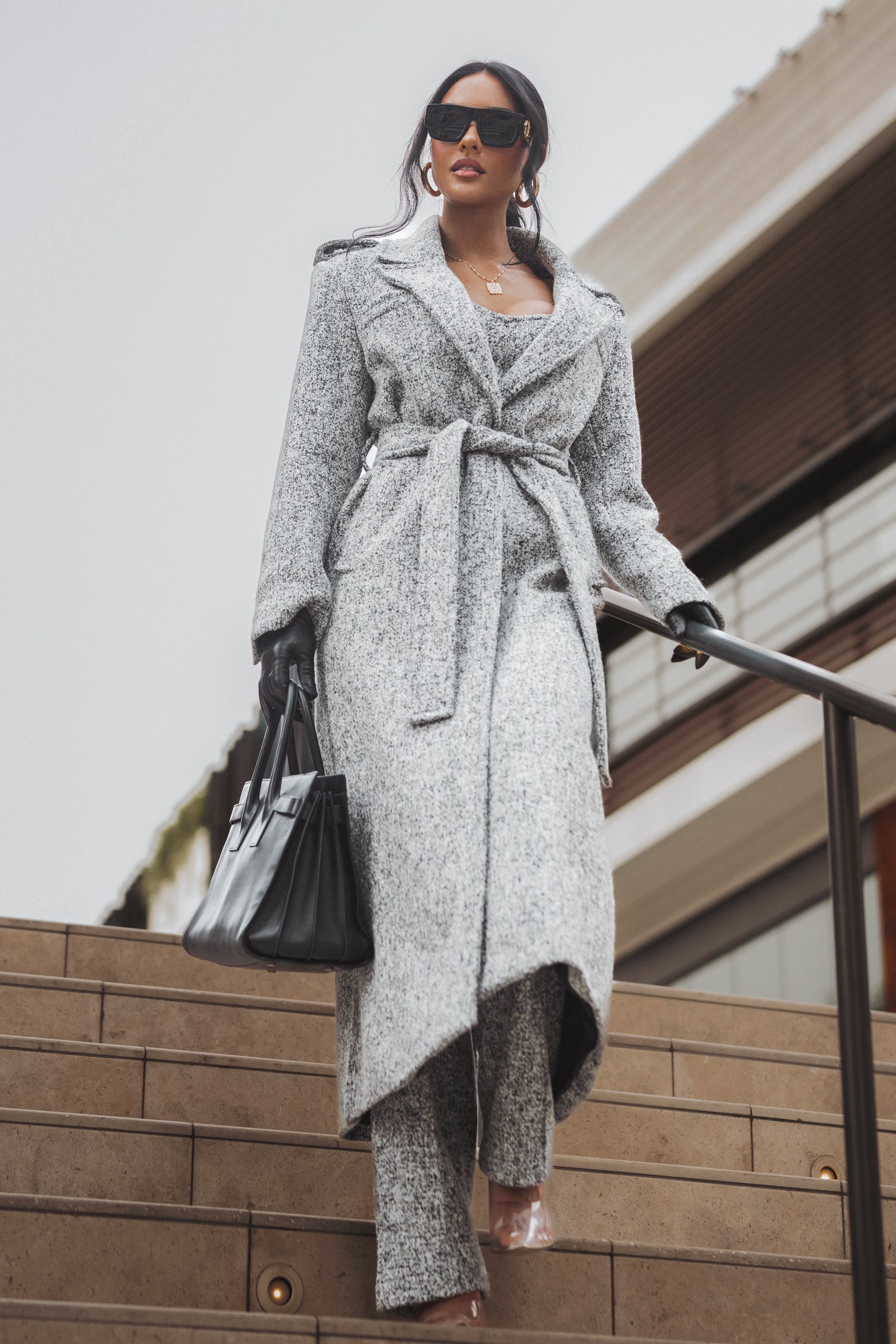 Lt. Grey Savannah Belted Tweed Coat - JLUXLABEL