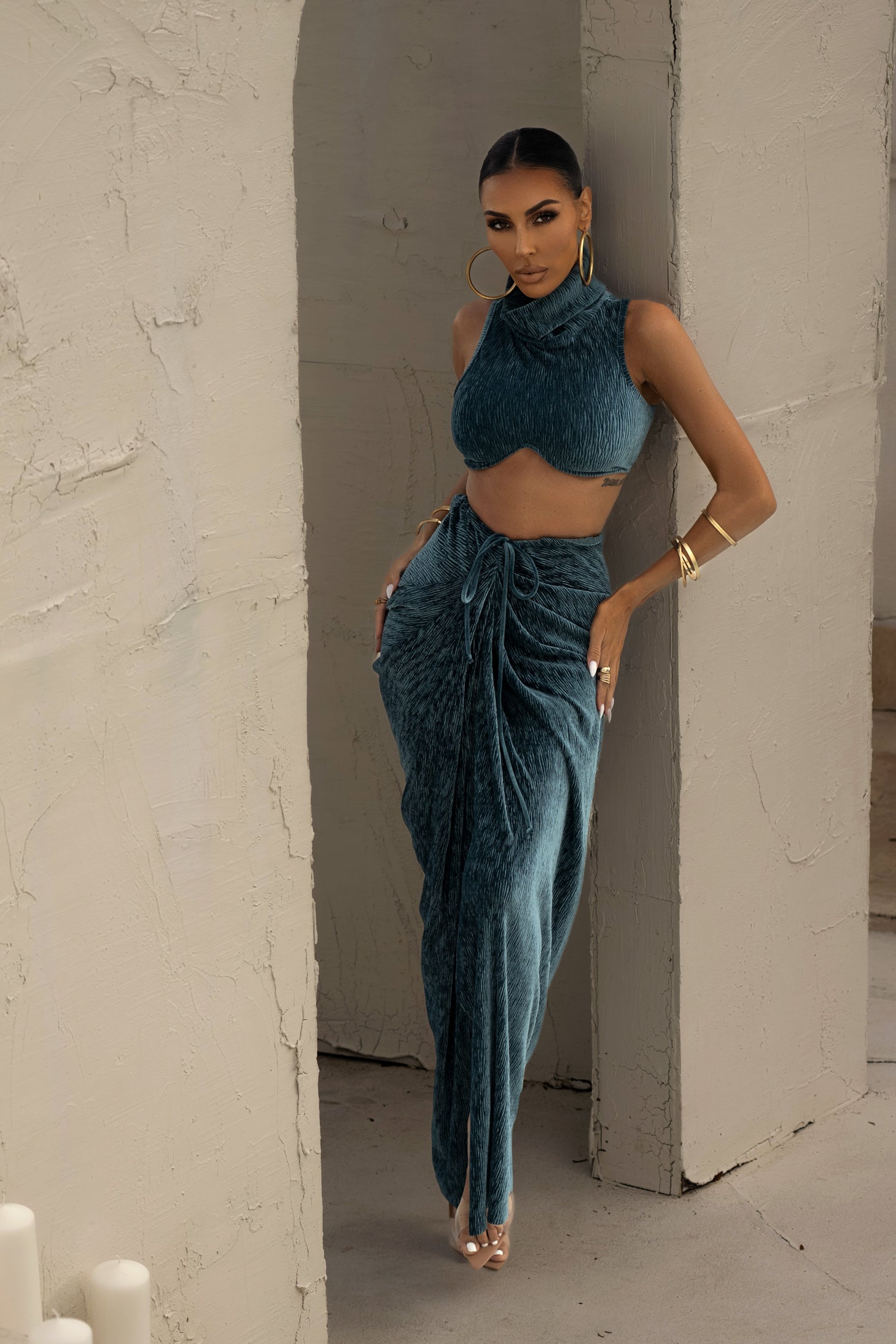 Teal Chosen One Velvet Skirt Set - JLUXLABEL