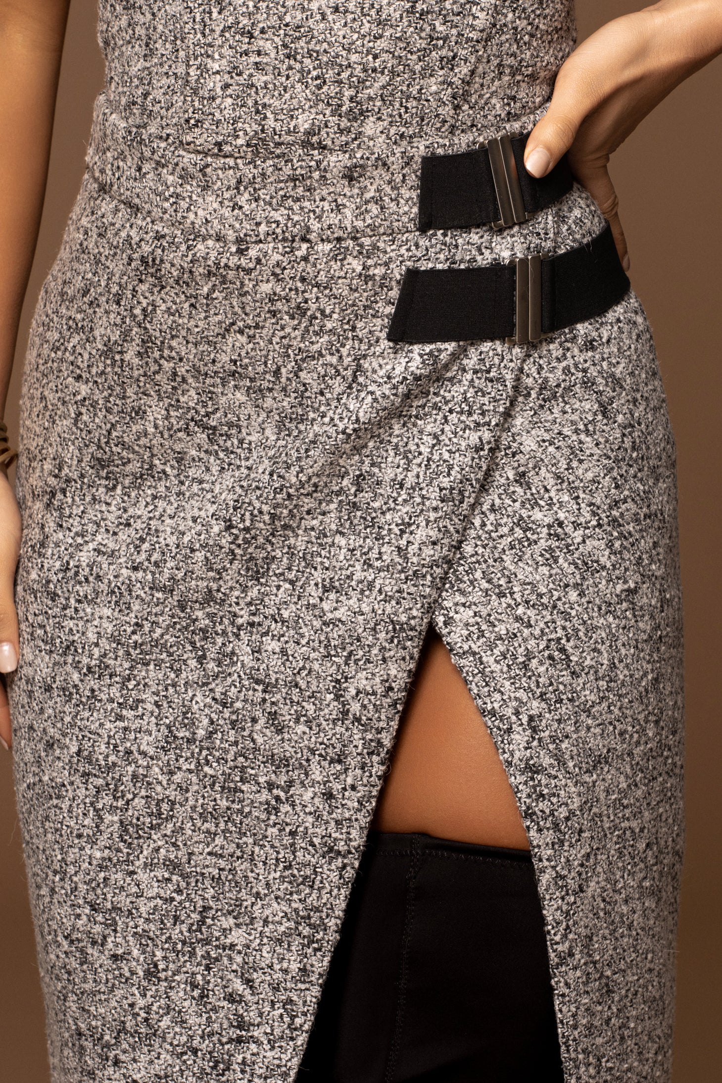 Lt. Grey Gisele Tweed Slit Skirt - JLUXLABEL