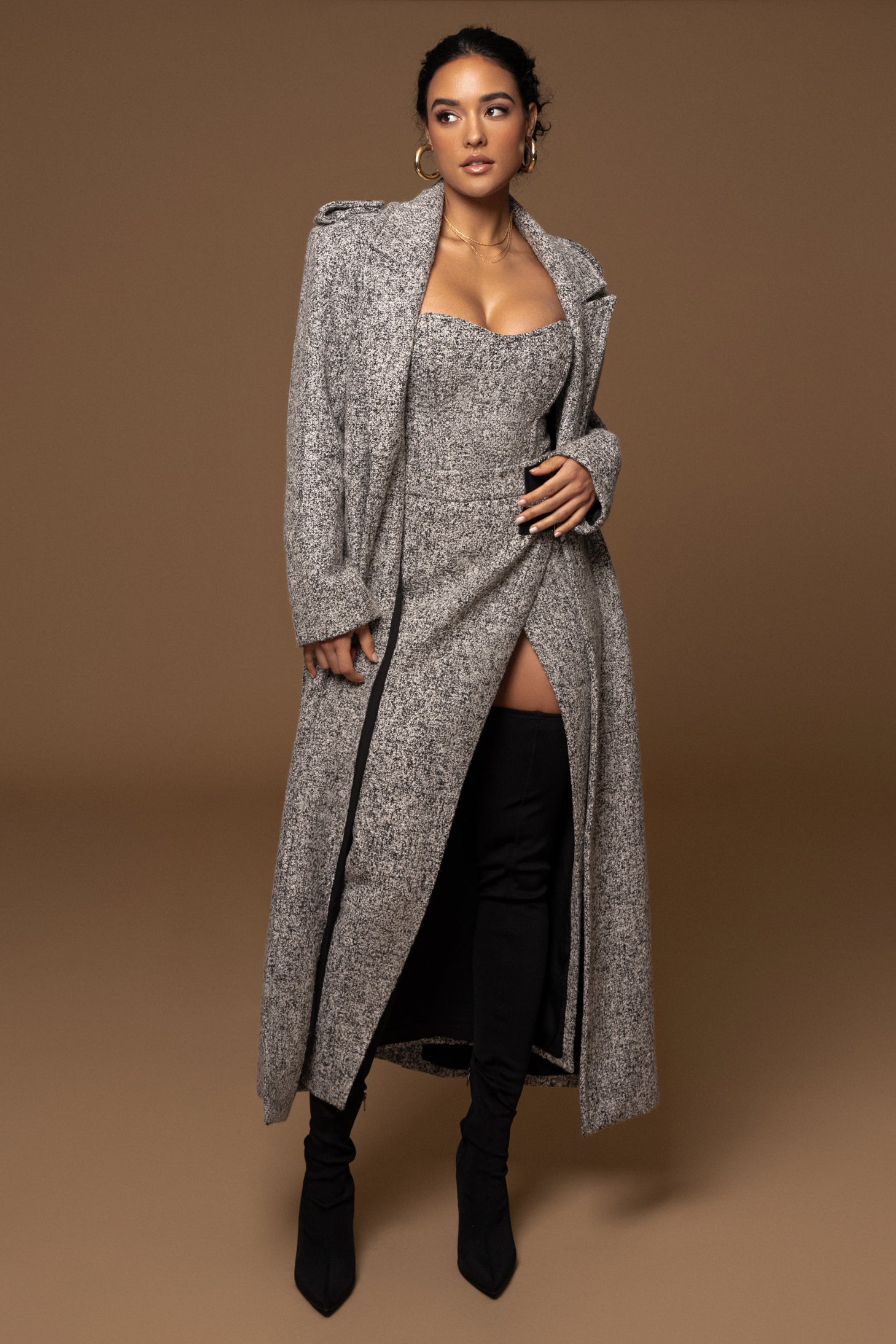 Lt. Grey Savannah Belted Tweed Coat - JLUXLABEL