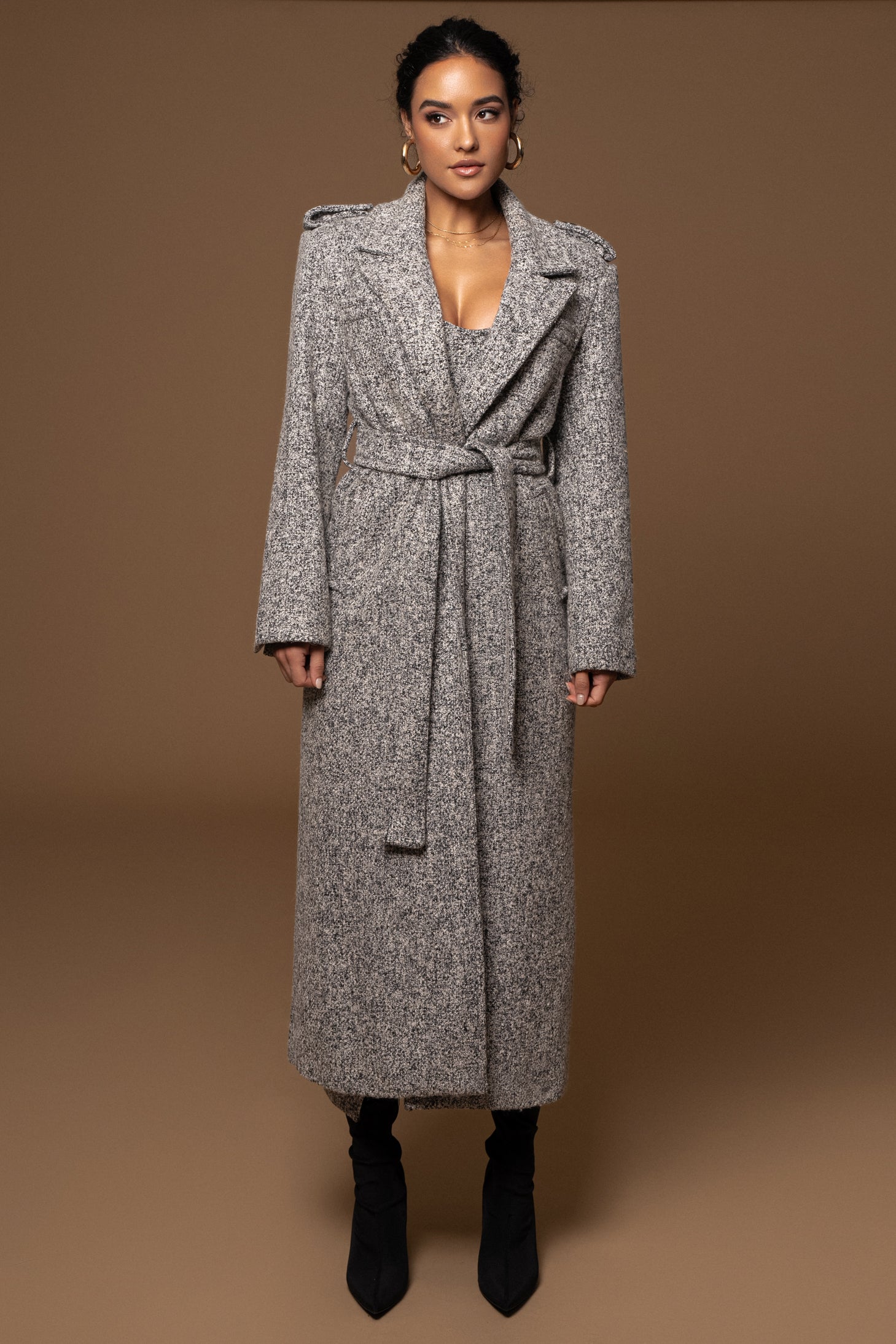 Lt. Grey Savannah Belted Tweed Coat - JLUXLABEL
