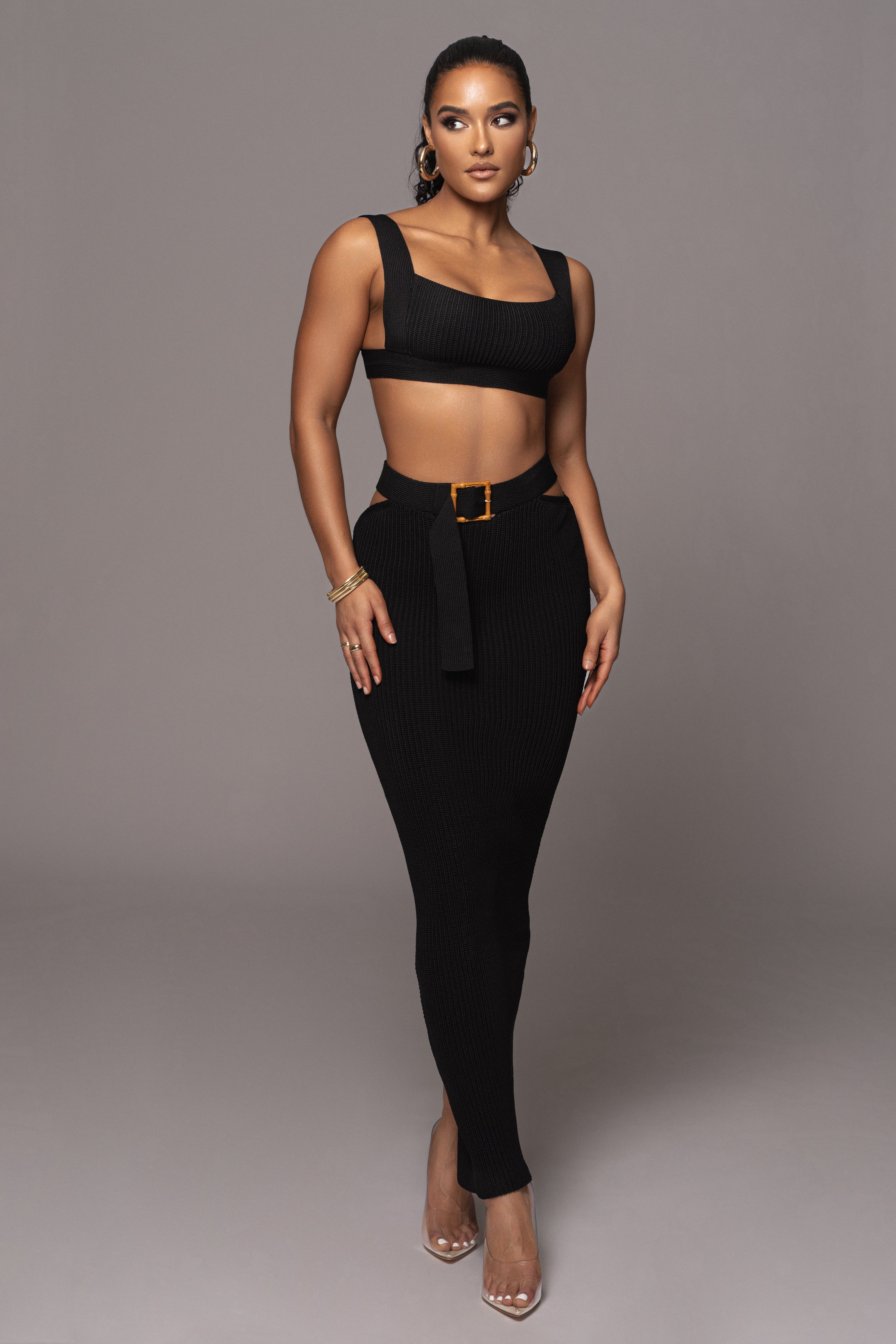 Noir Nikole Ribbed Skirt Set - JLUXLABEL - black