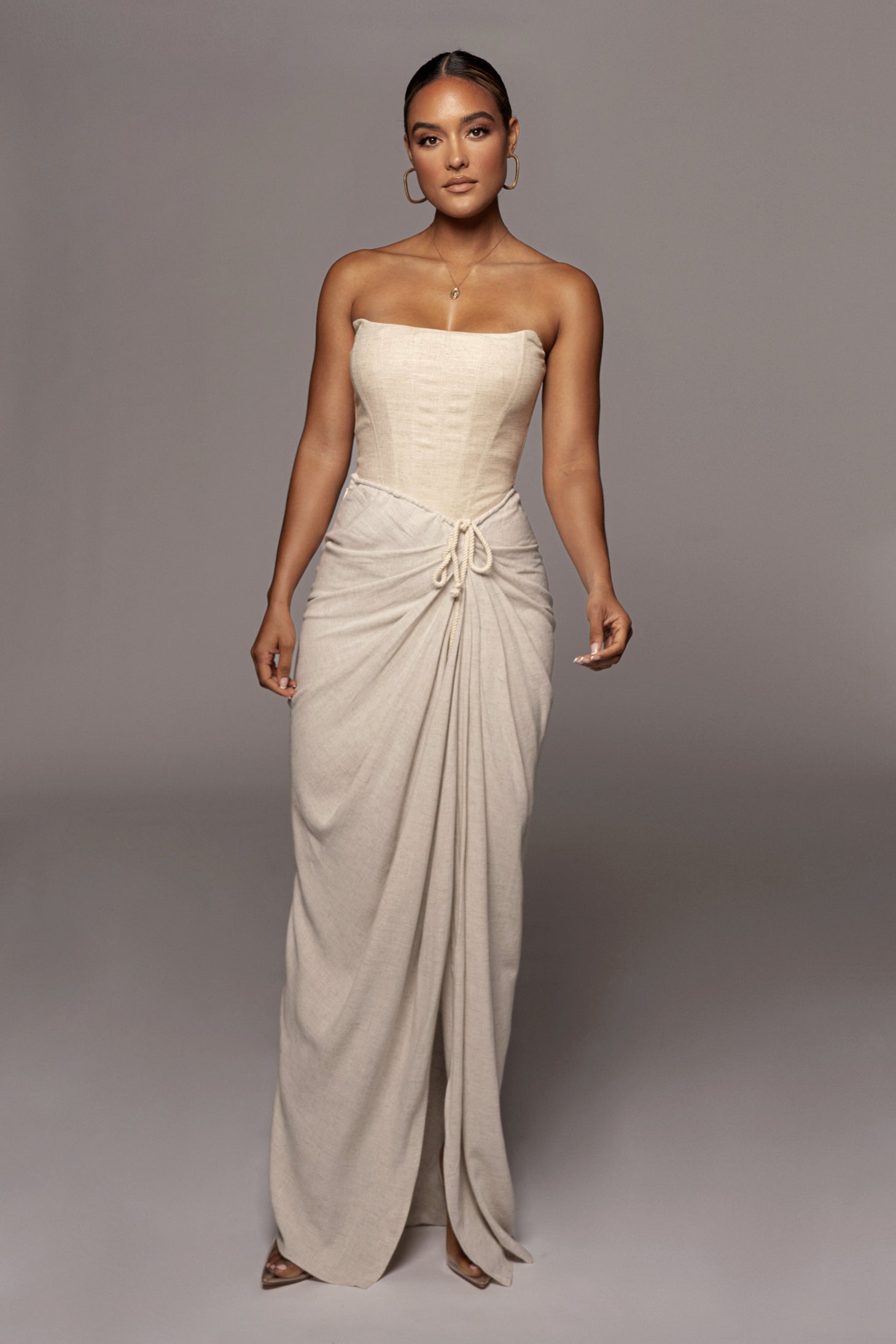 Natural Noelia Linen Slit Skirt - JLUXLABEL