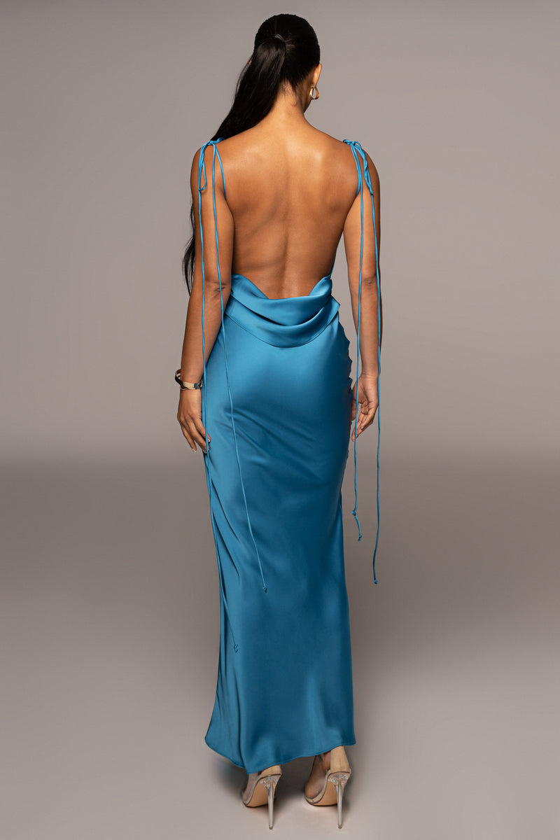 Aqua Blue Irresistible Satin Maxi Dress - JLUXLABEL