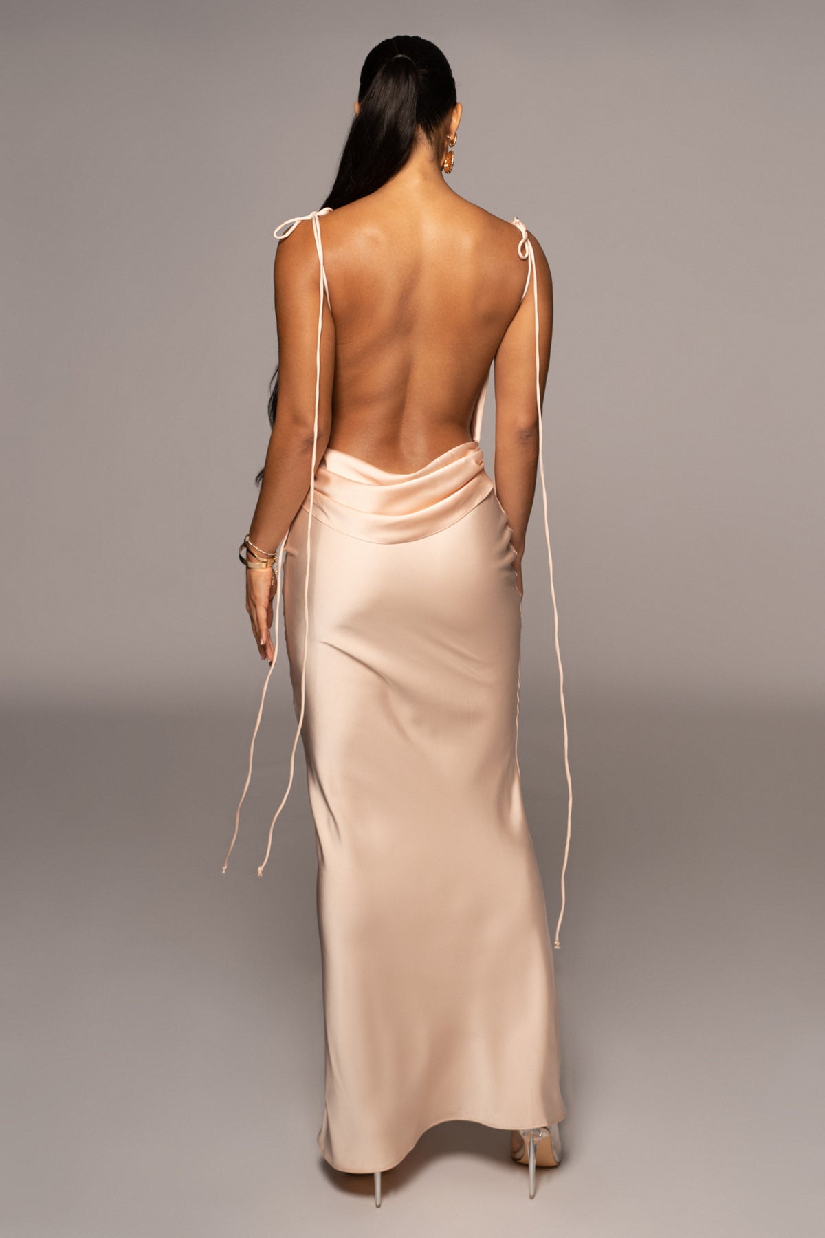JLUXLABEL Champagne Irresistible Satin Maxi Dress, elegant formal dress with satin fabric and flowing silhouette, suitable for special occasions.