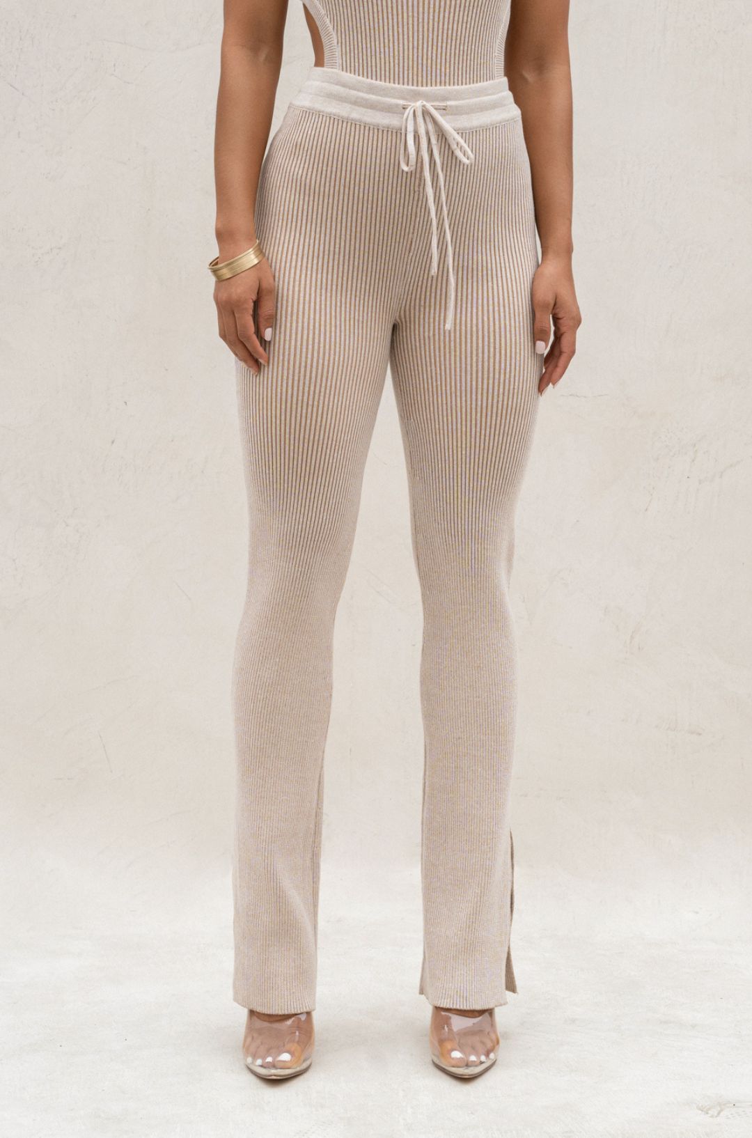 Taupe/White Faya Ribbed Pants - JLUXLABEL