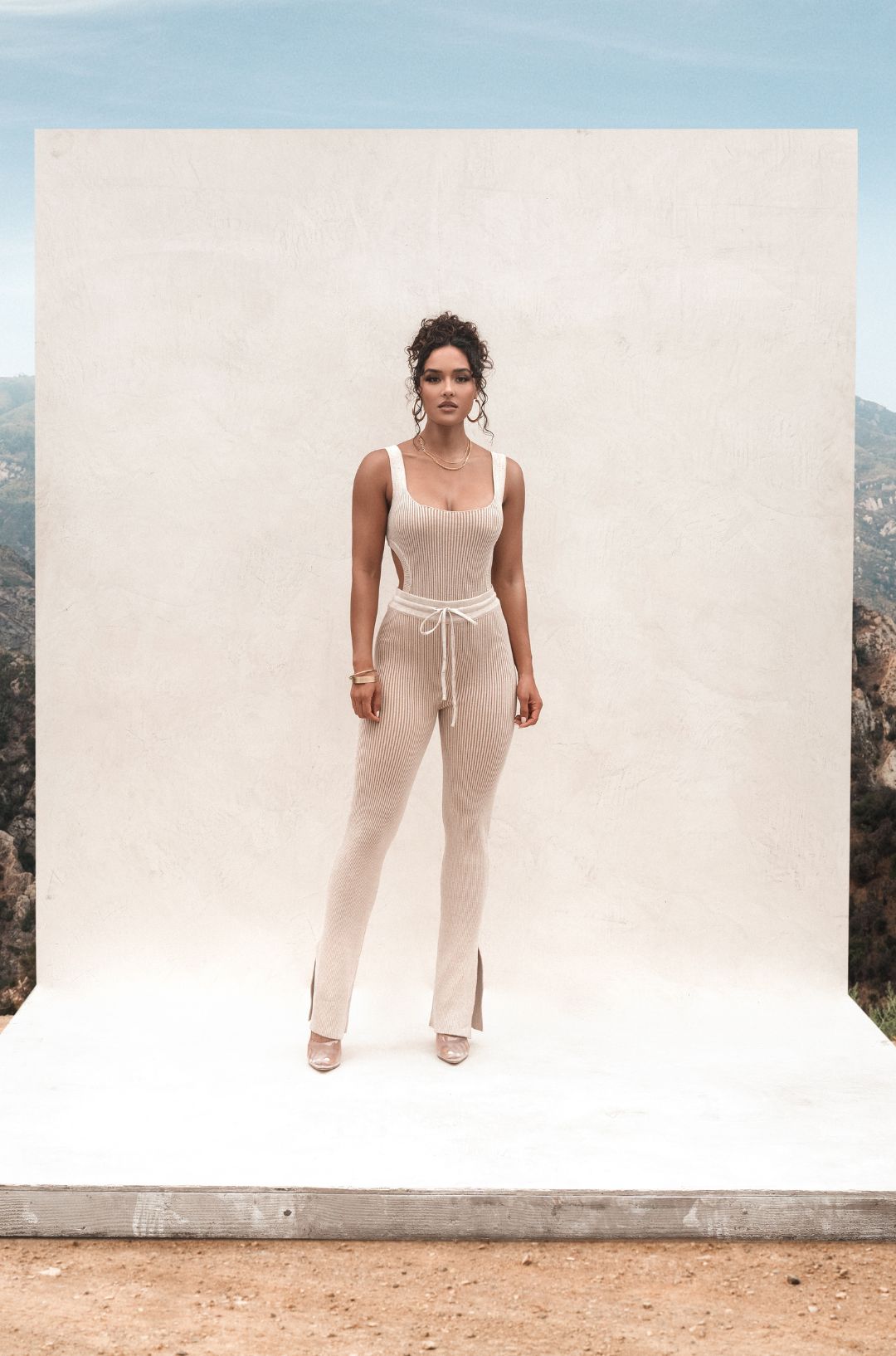 Taupe/White Faya Ribbed Pants - JLUXLABEL