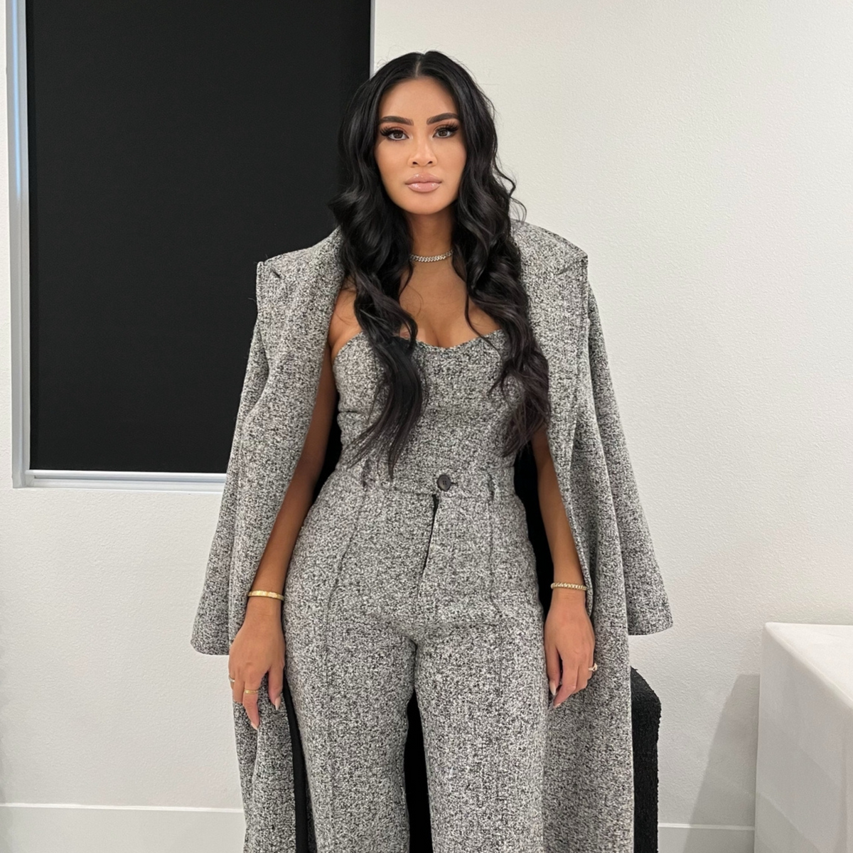 LEINWANDE Tweed Belted Jumpsuits grey 【公式通販】