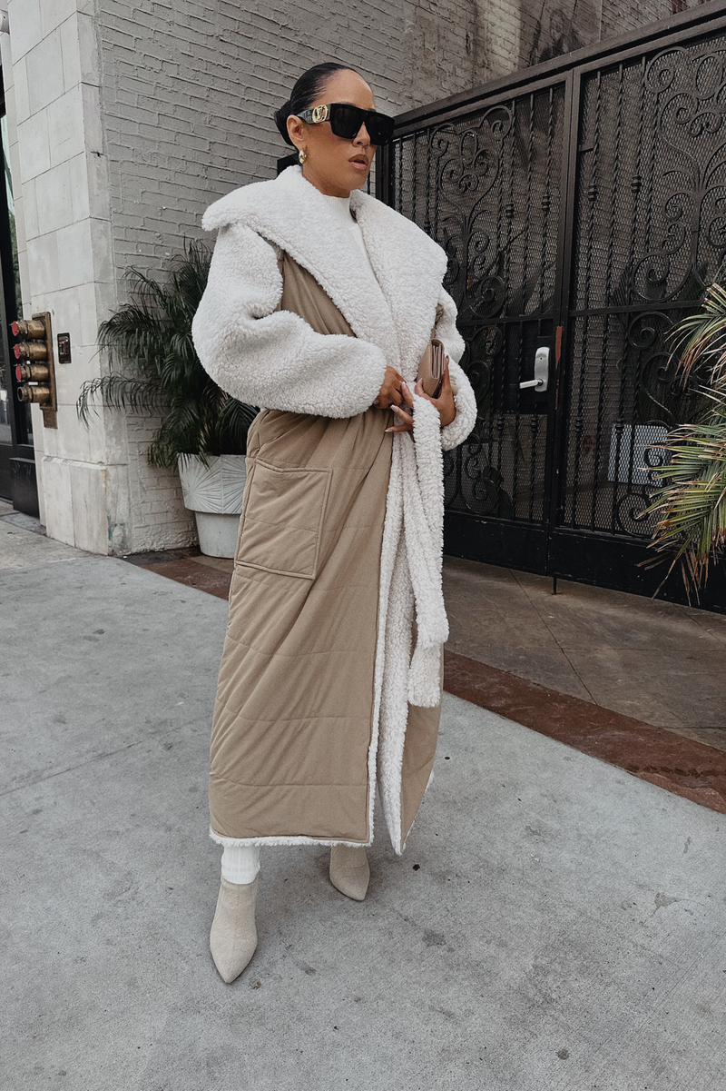 Beige/Ivory Contrast Sherpa Coat