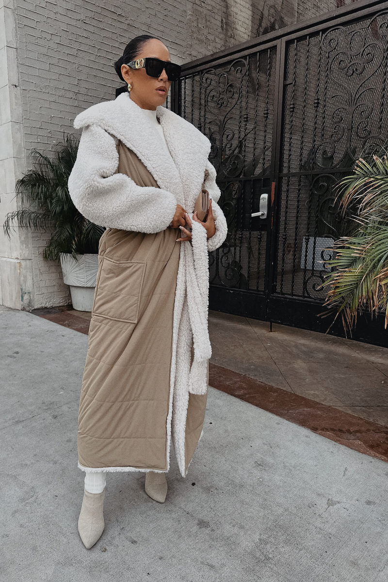 Beige/Ivory Contrast Sherpa Coat