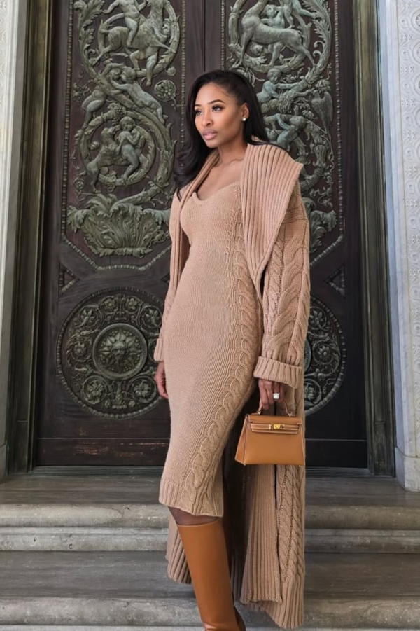 Beige Dynasty Belted Sweater Dress