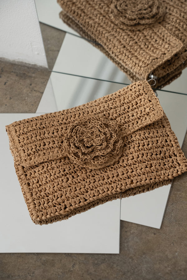 Khaki Woven Rose Clutch