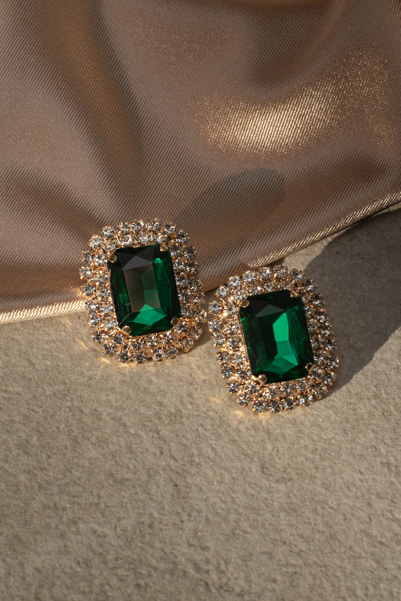 Green Octagon Rhinestone Earrings