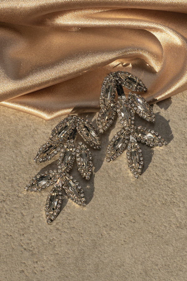 Silver Rhinestone Leaf Earrings