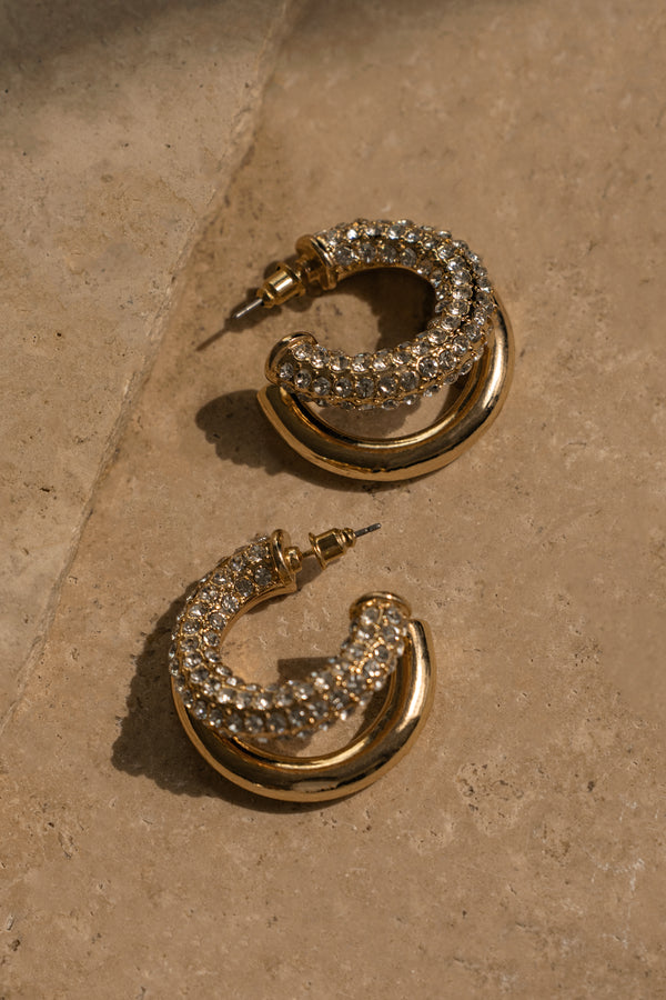 Gold Paved Double Hoop Mini Earrings - JLUXLABEL