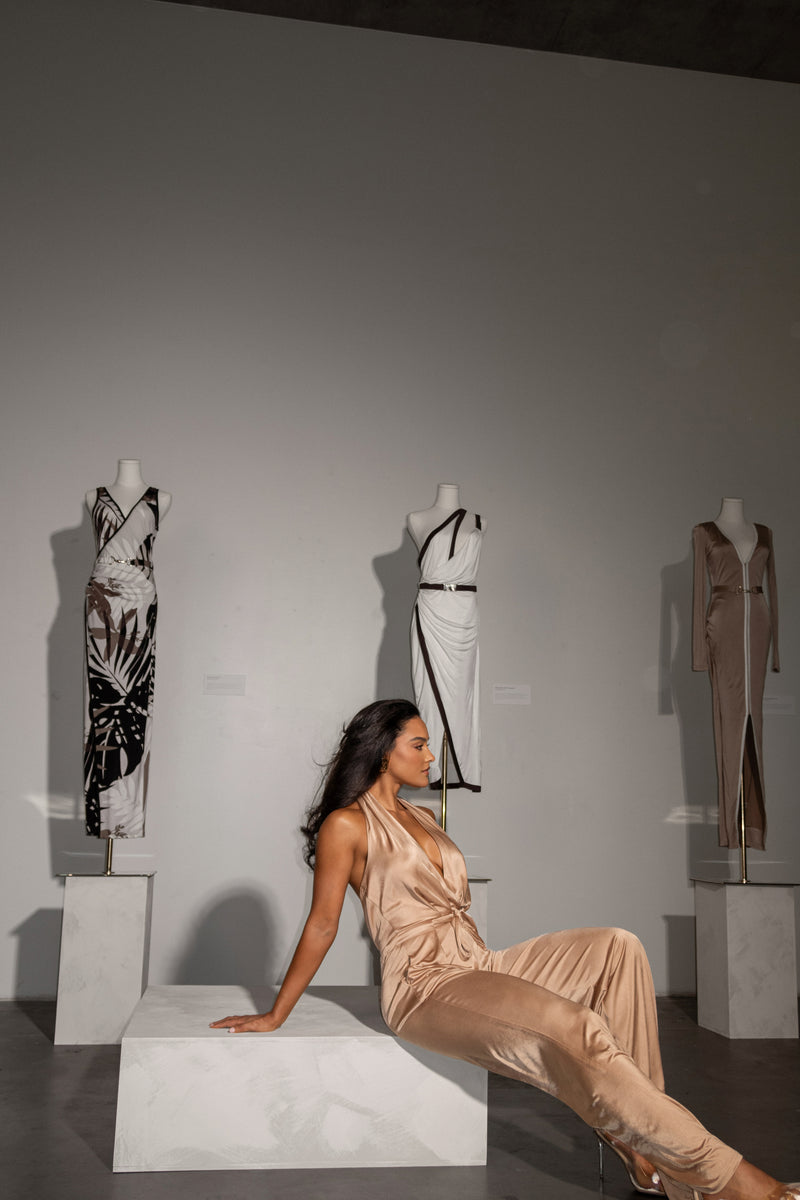 Beige Slinky Halter Belted Jumpsuit