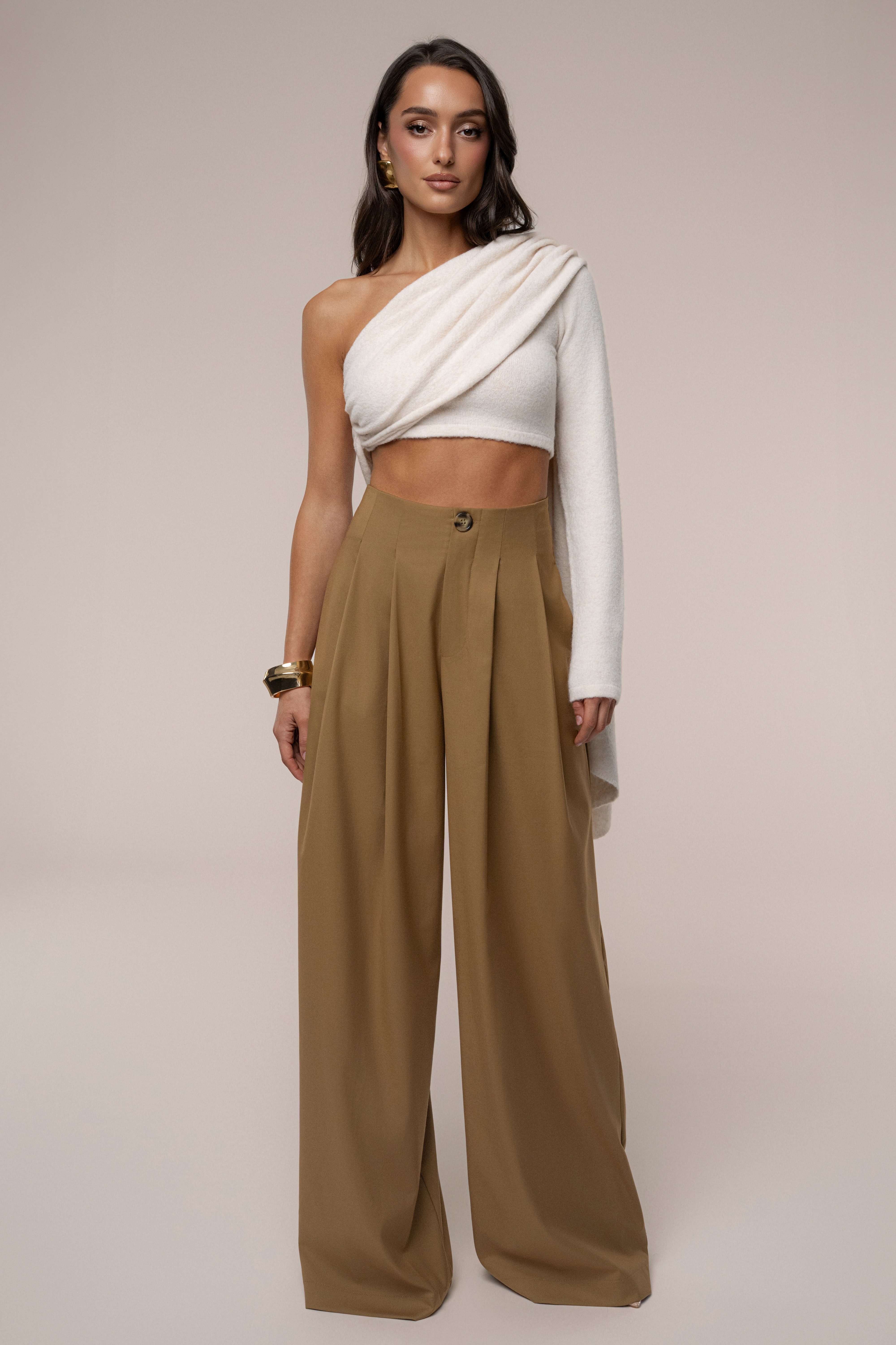 Tan Polished Pleat Trouser