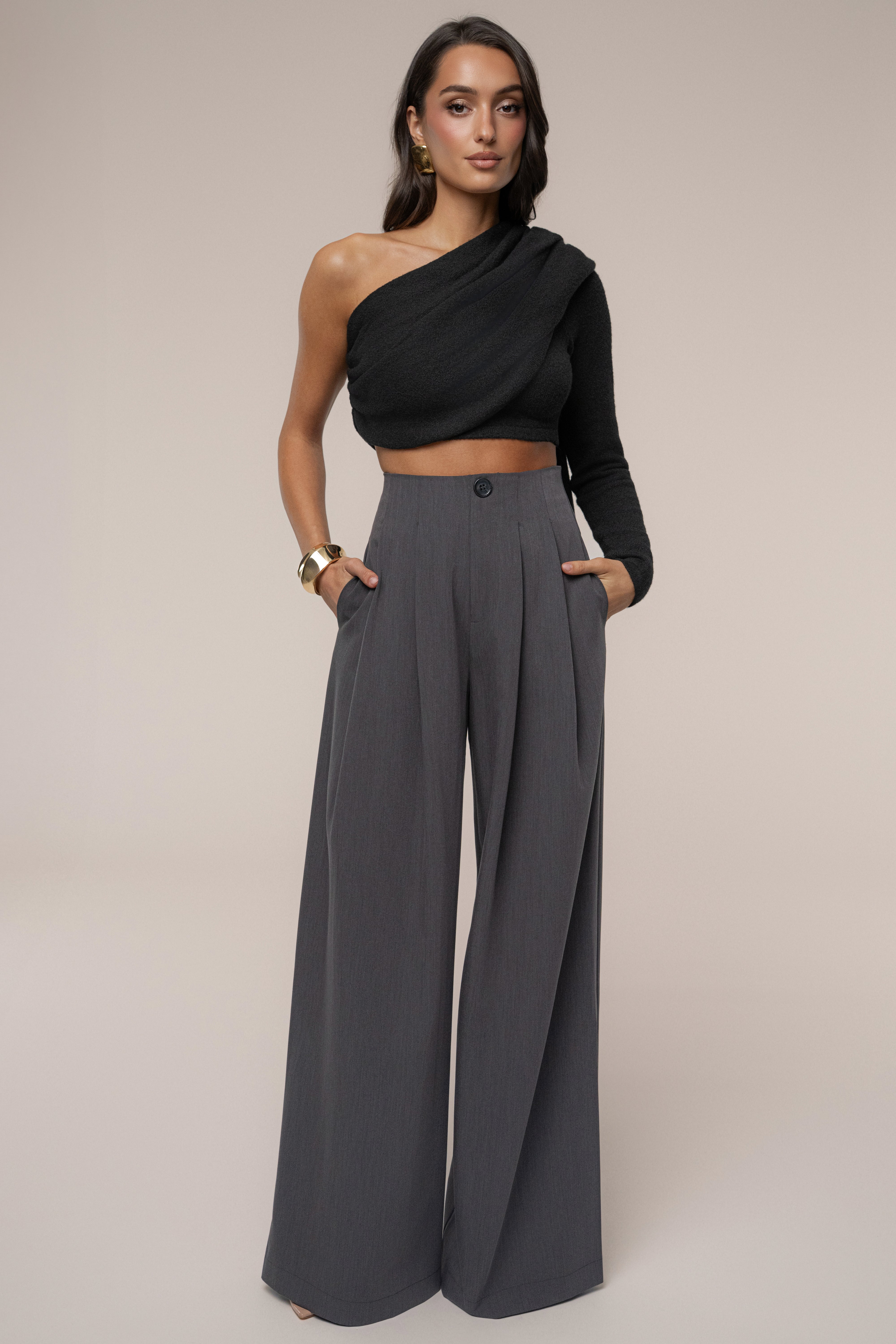 Grey Polished Pleat Trouser
