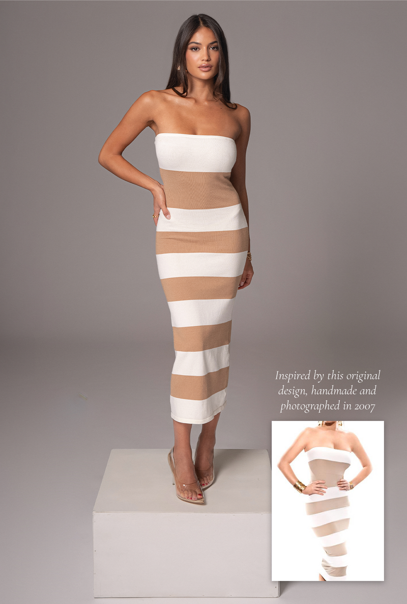 Ivory/Beige Striped Strapless Midi Dress