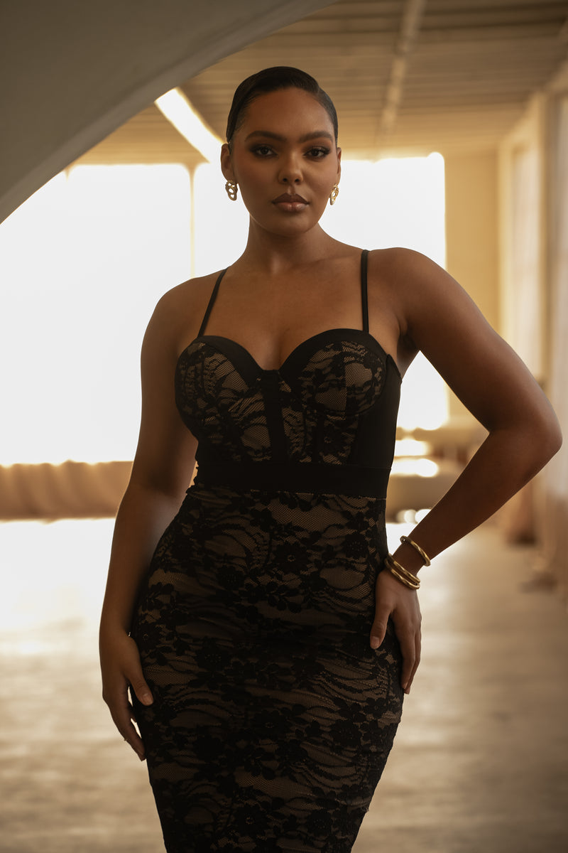 Black Mesh and Lace Bustier Midi Dress
