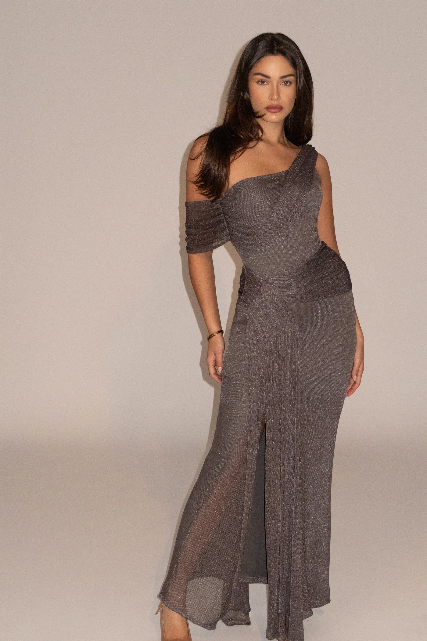 Metal Ring Draped Long Sleeve Maxi Dress