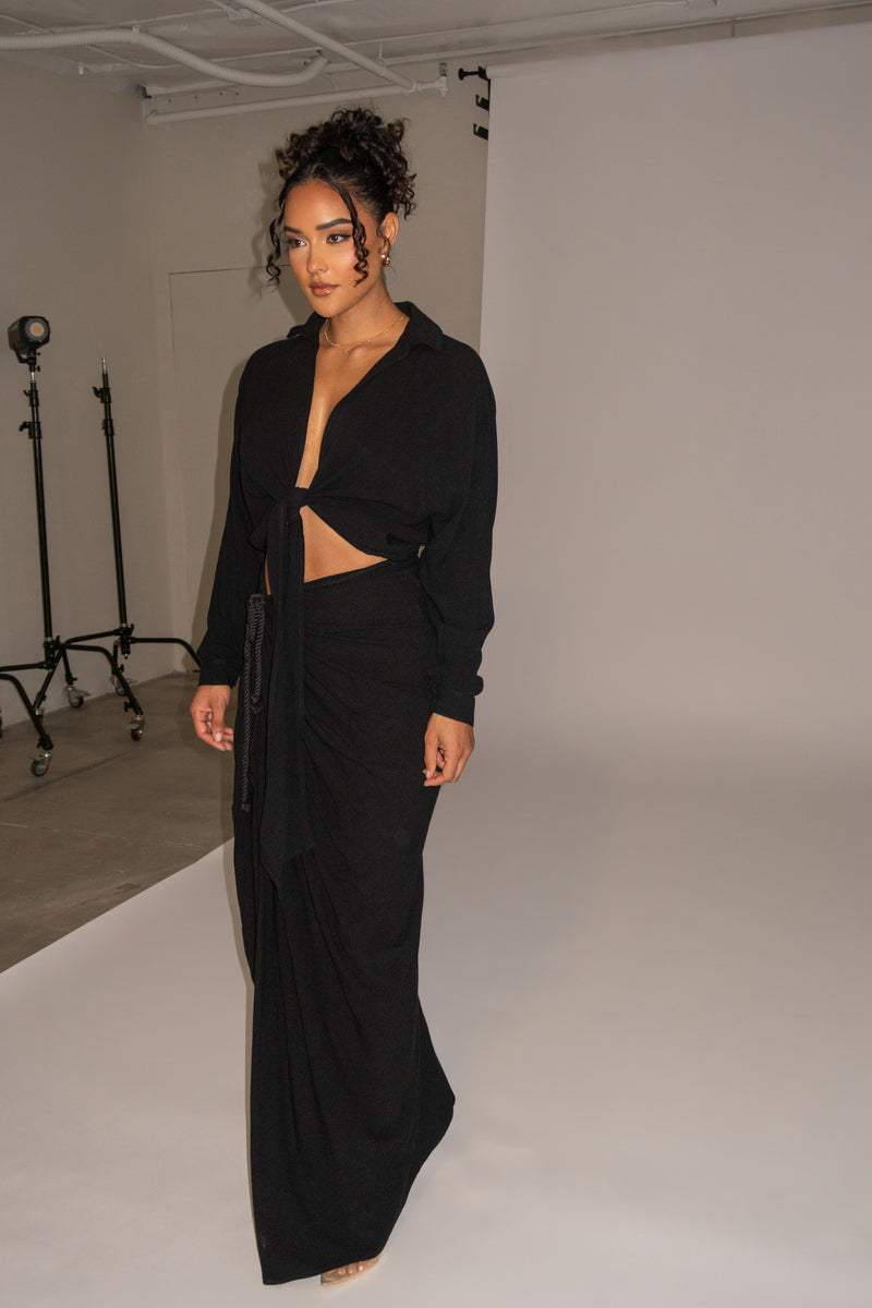 Black Noelia Linen Slit Skirt