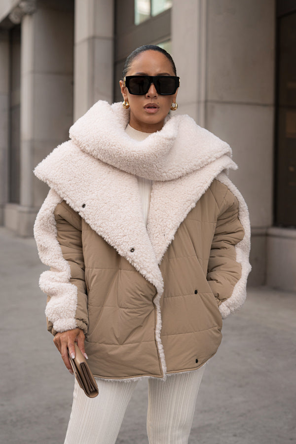 Beige/Ivory Contrast Sherpa Jacket