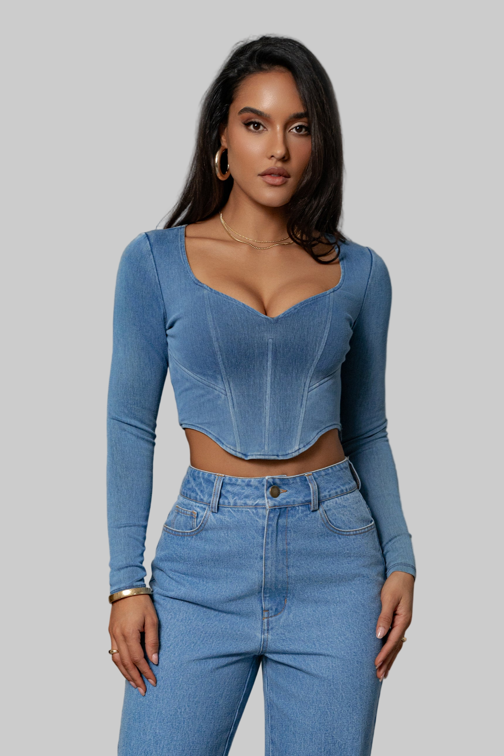 Medium Wash Tesa Sweetheart Denim Top - JLUXLABEL